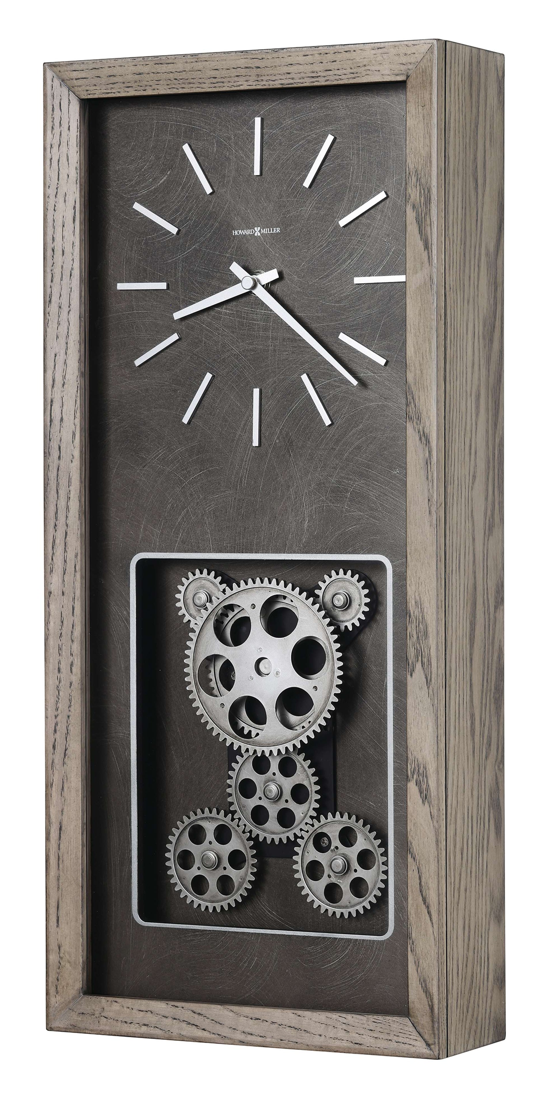 A modern wall clock with a visible gear mechanism and a wooden frame.
