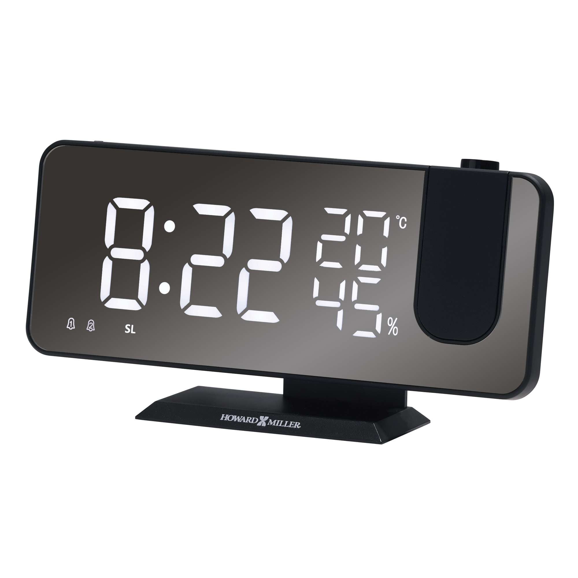 Digital alarm clock displaying the time 8:22, temperature, and humidity.