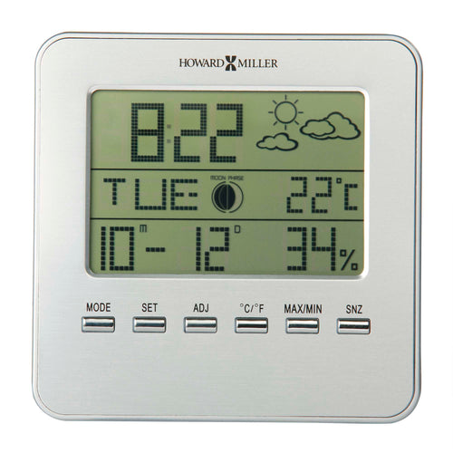 Digital clock and weather station displaying time, date, temperature, and humidity.