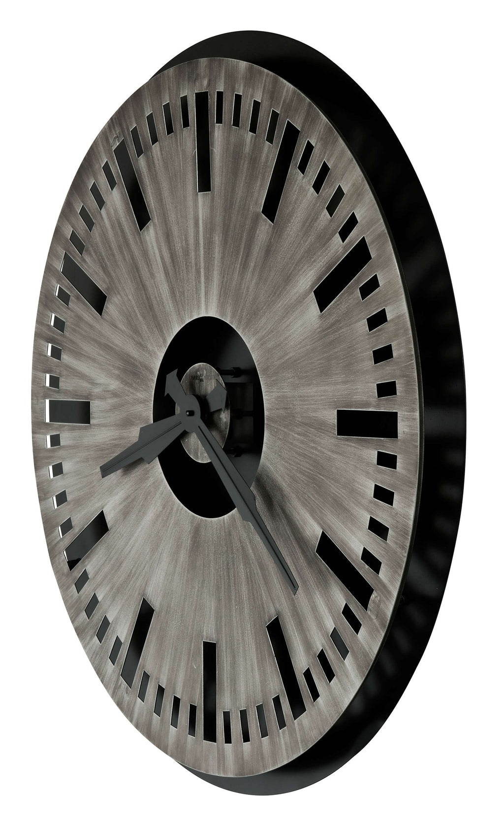 A modern round wall clock with a metallic finish and minimalist design.