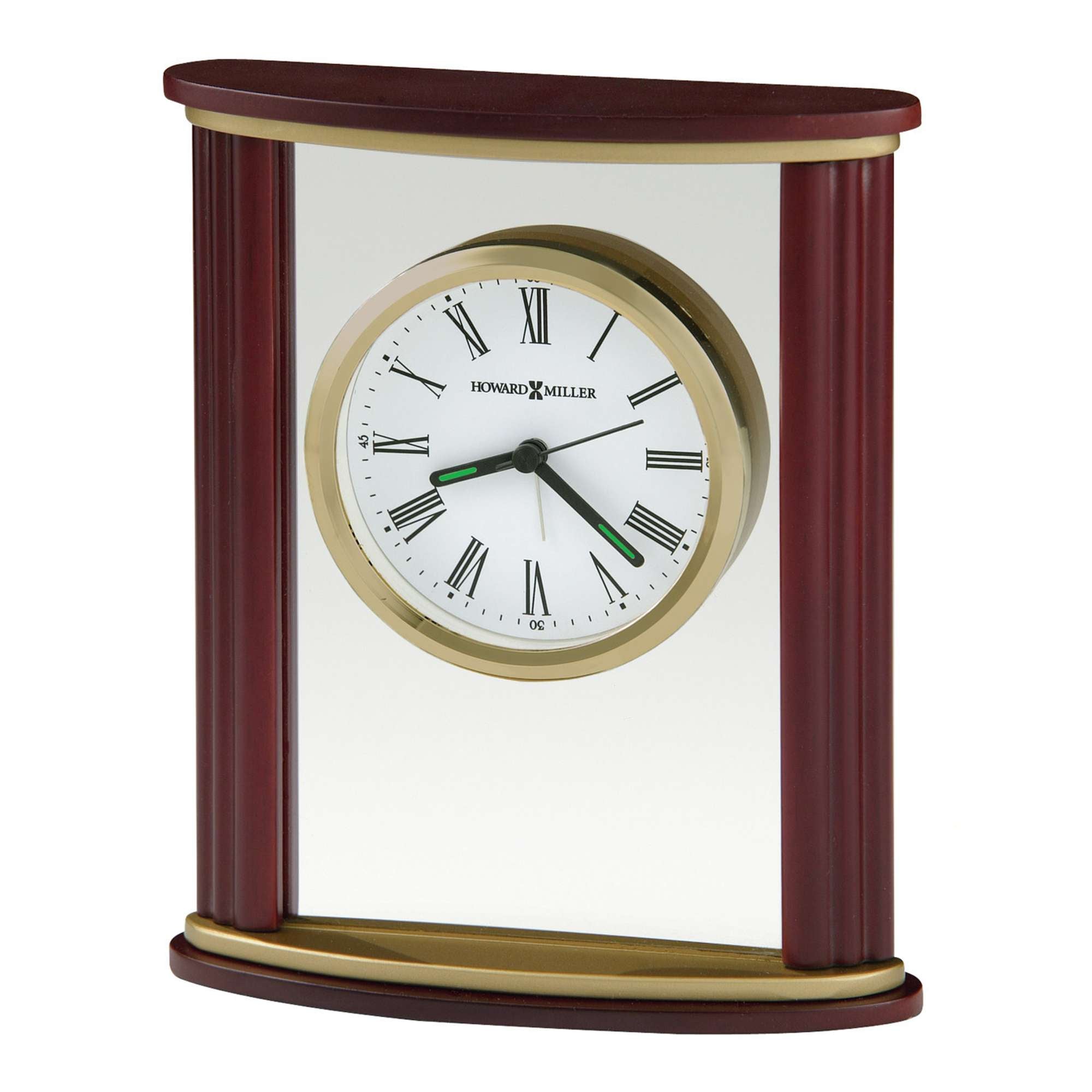 A classic tabletop clock with a white face, Roman numerals, and a wooden frame.