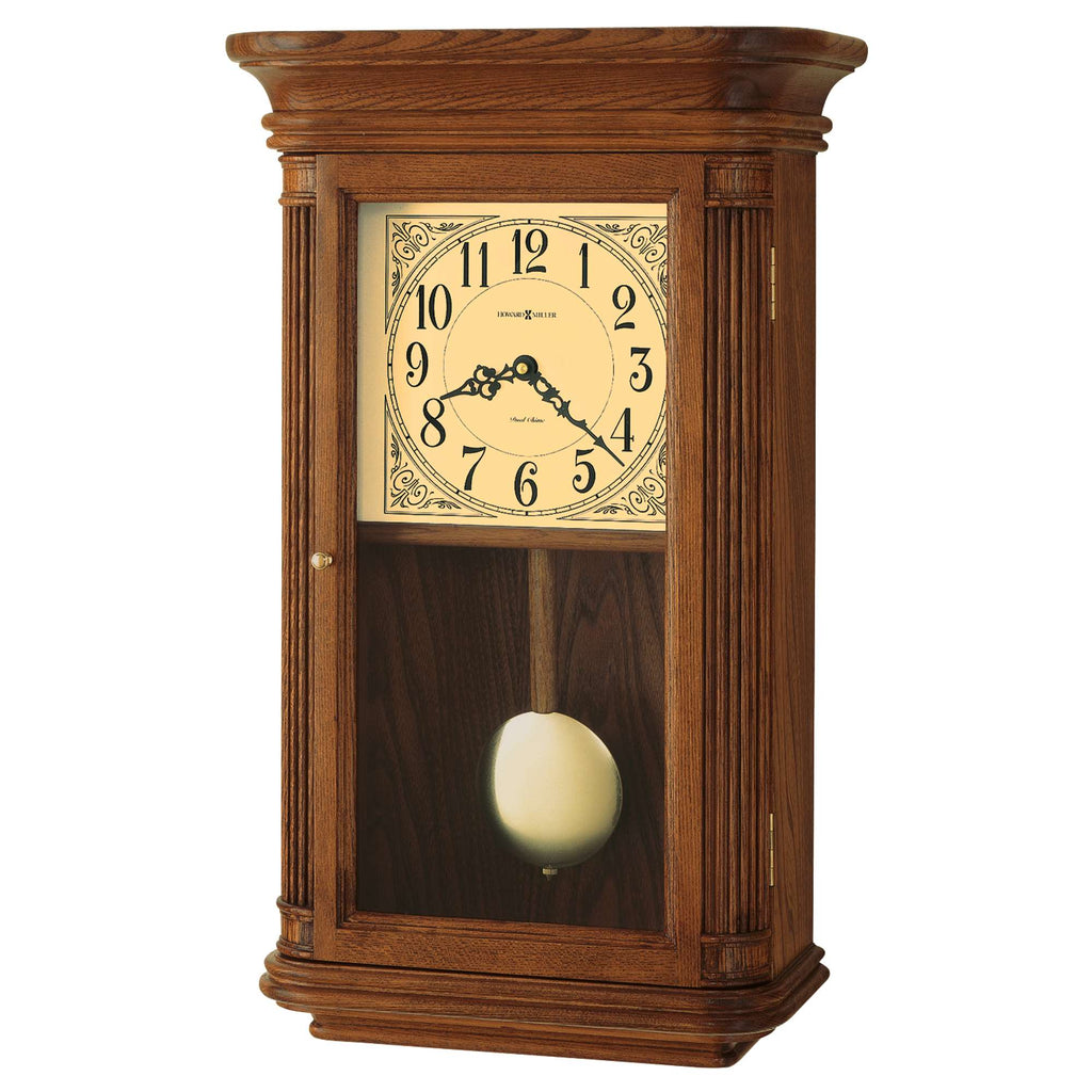 A traditional wooden wall clock with a pendulum.