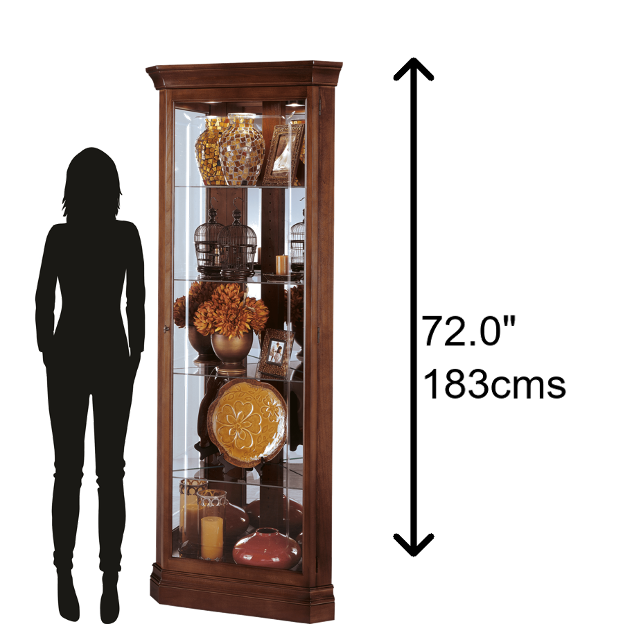 Tall wooden display cabinet with glass shelves, featuring decorative items and candles, alongside a silhouette of a person for scale.