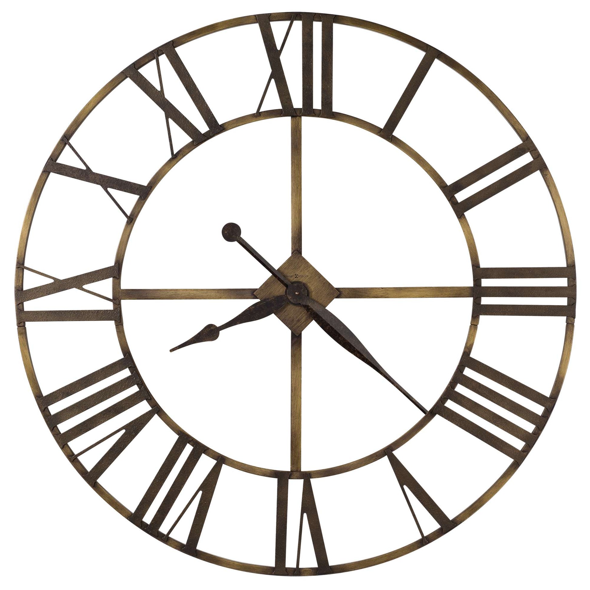 A rustic wall clock with Roman numerals and a circular design.