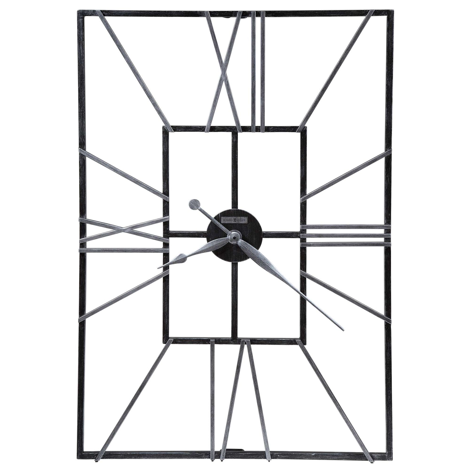 A modern wall clock with a geometric metal design and minimalist style.