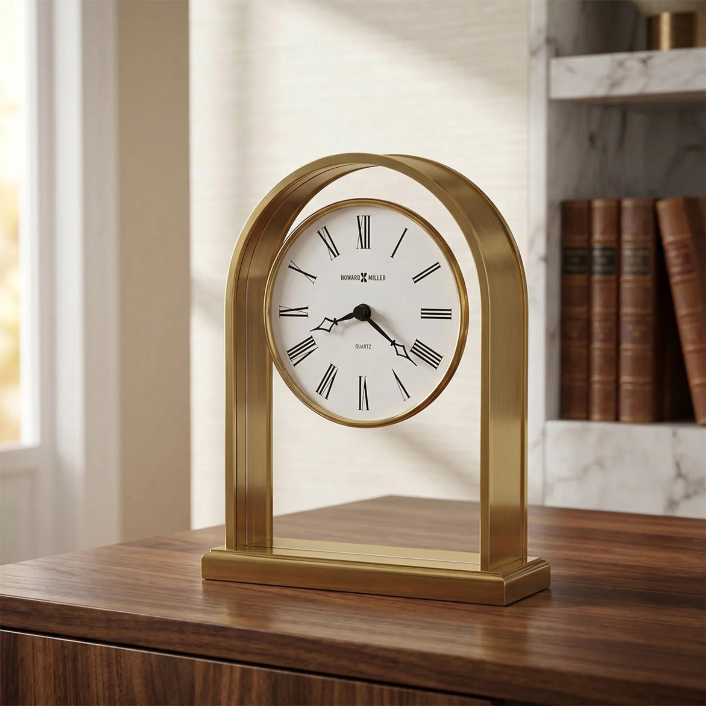 Howard Miller Reminisce Tabletop Clock, 7-inch, on a shelf in a styled room