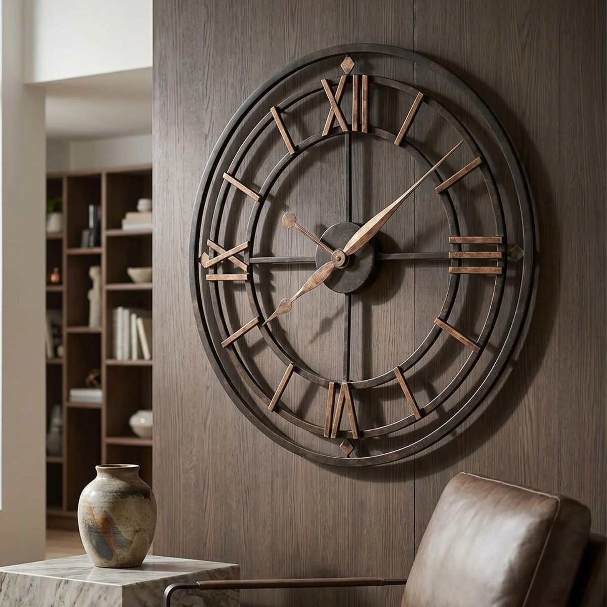 Howard Miller York Station Wall Clock, 21-inch, on the wall in a styled room