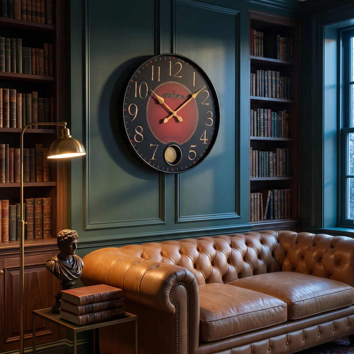 Howard Miller Harmon Wall Clock, 26-inch, on the wall in a styled room