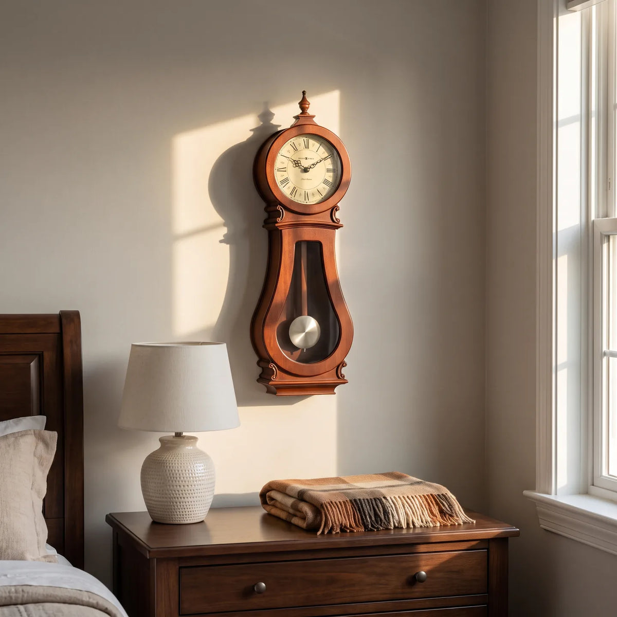 Howard Miller Arendal Wall Clock, 30-inch, on the wall in a styled room