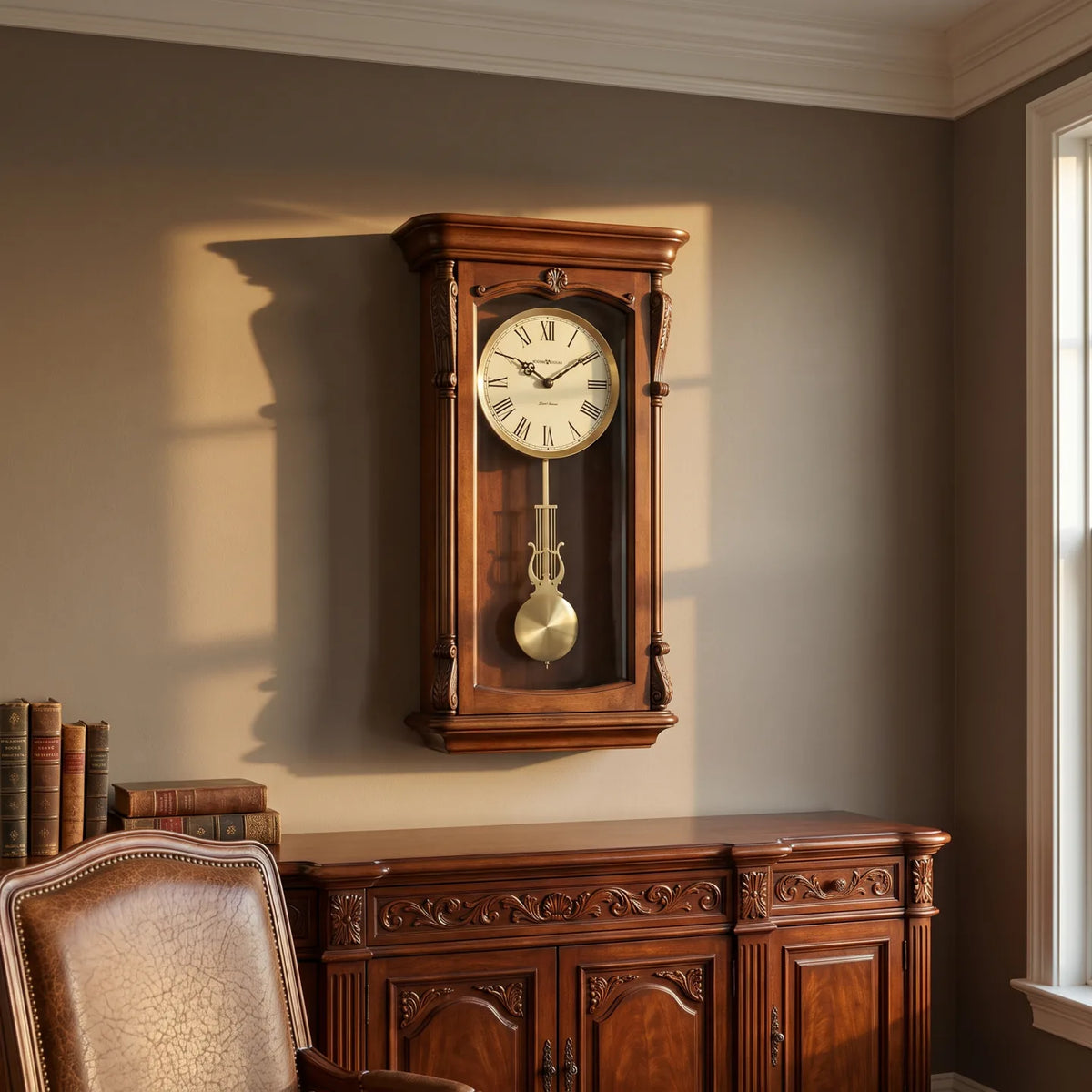 Howard Miller Henderson Wall Clock, 25-inch, on the wall in a styled room