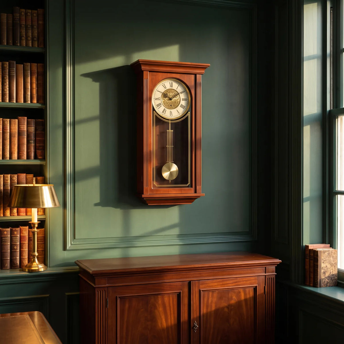 Howard Miller Sinclair Wall Clock, 27-inch, on the wall in a styled room