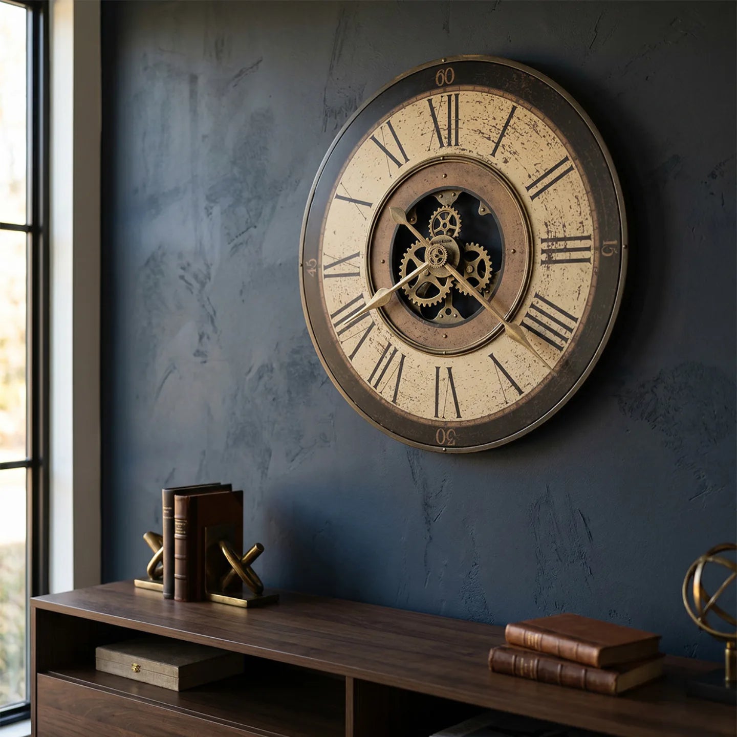 Howard Miller Brass Works Wall Clock, 32-inch, on the wall in a styled room