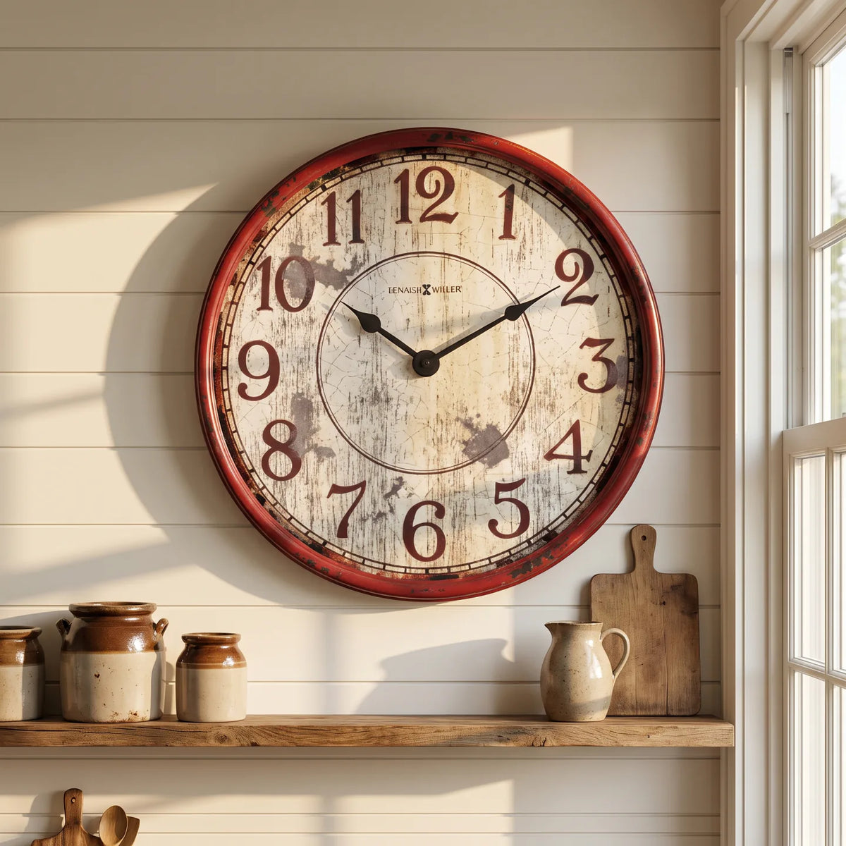 Howard Miller Back 40 Wall Clock, 32-inch, on the wall in a styled room