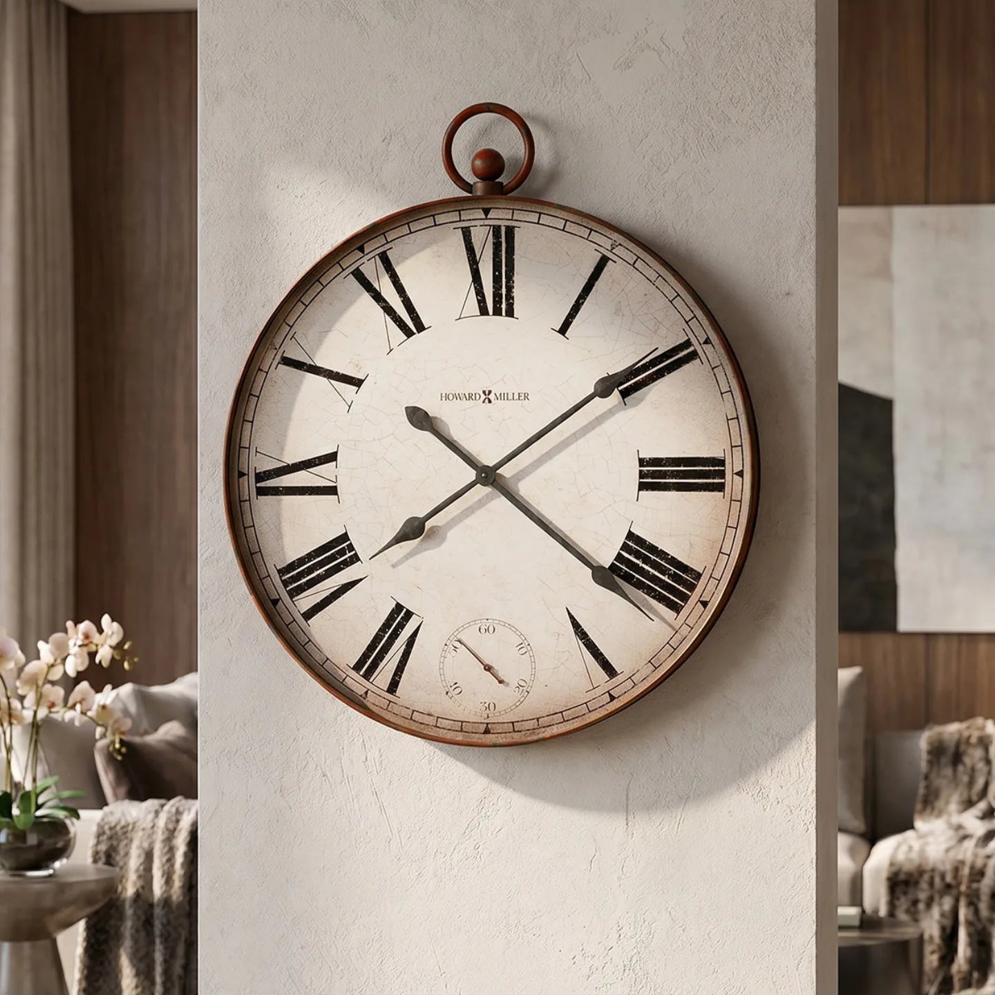 Howard Miller Gallery Pocket Watch II Wall Clock, 36-inch, on the wall in a styled room