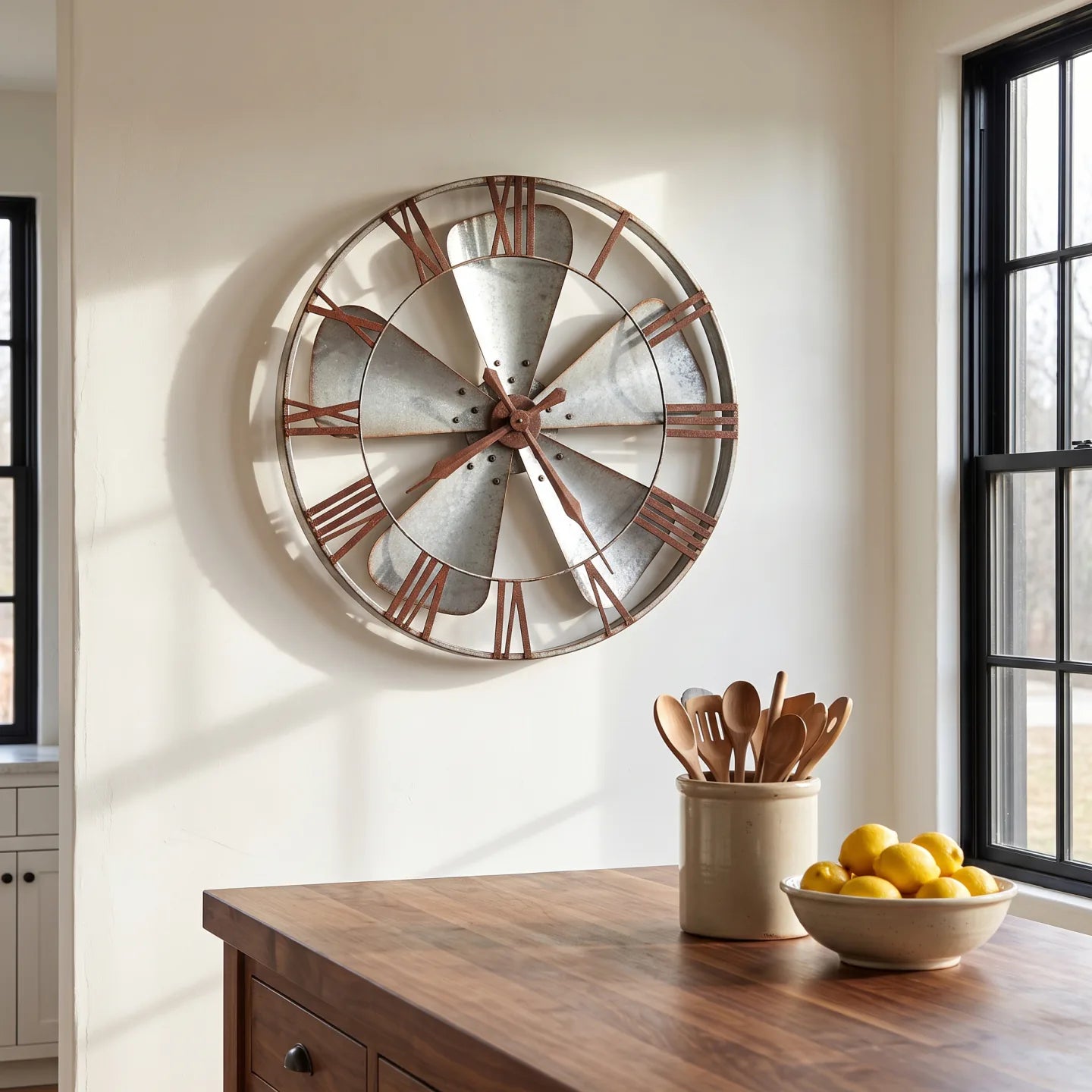 Howard Miller Mill Shop Wall Clock, 32-inch, on the wall in a styled room