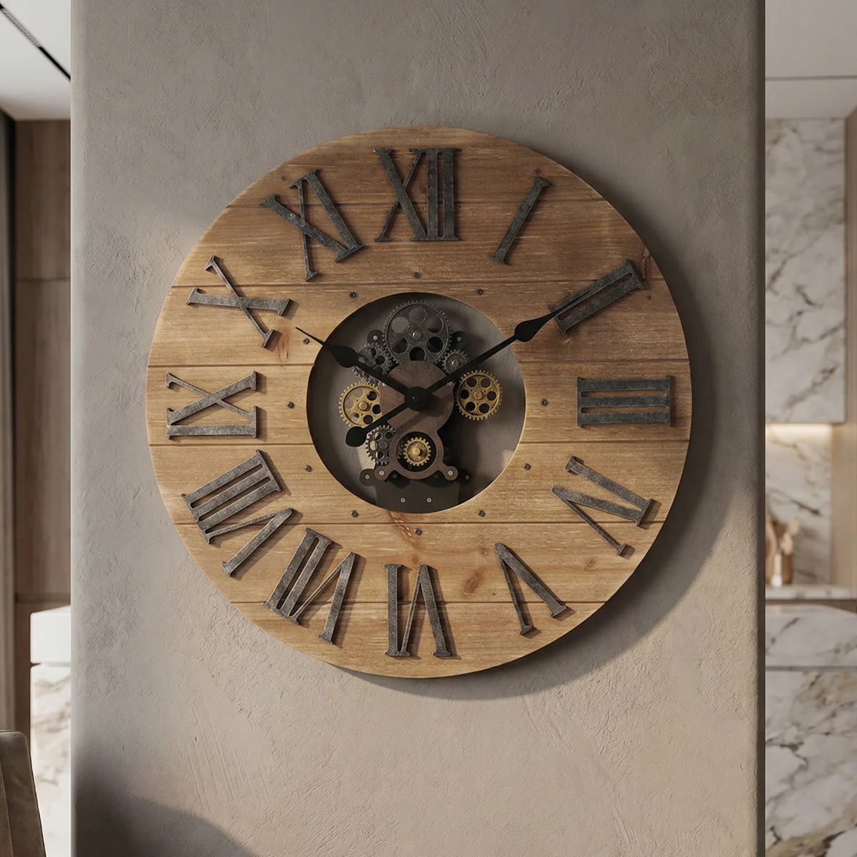 Howard Miller Forest Oversized Gallery Wall Clock, 24-inch, on the wall in a styled room