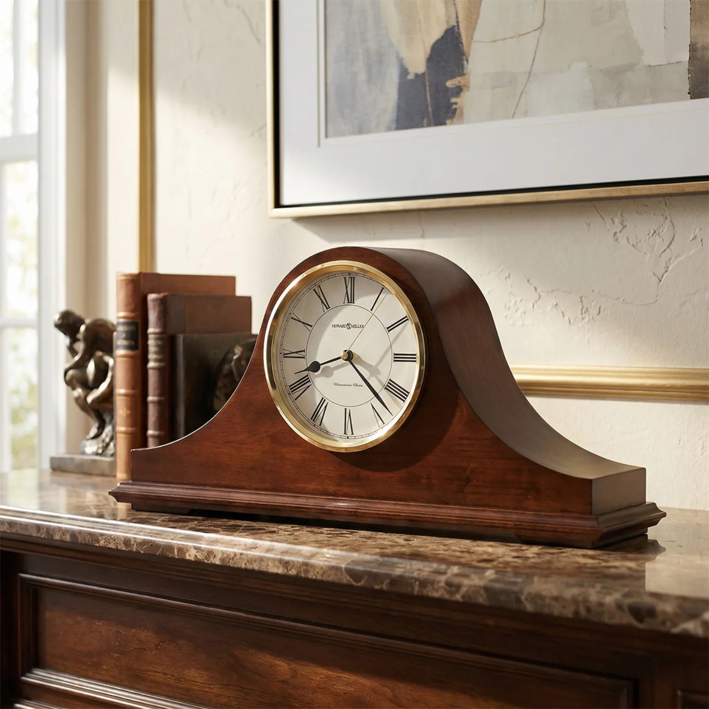 Howard Miller Christopher Mantel Clock, 18-inch, on a mantel in a styled room