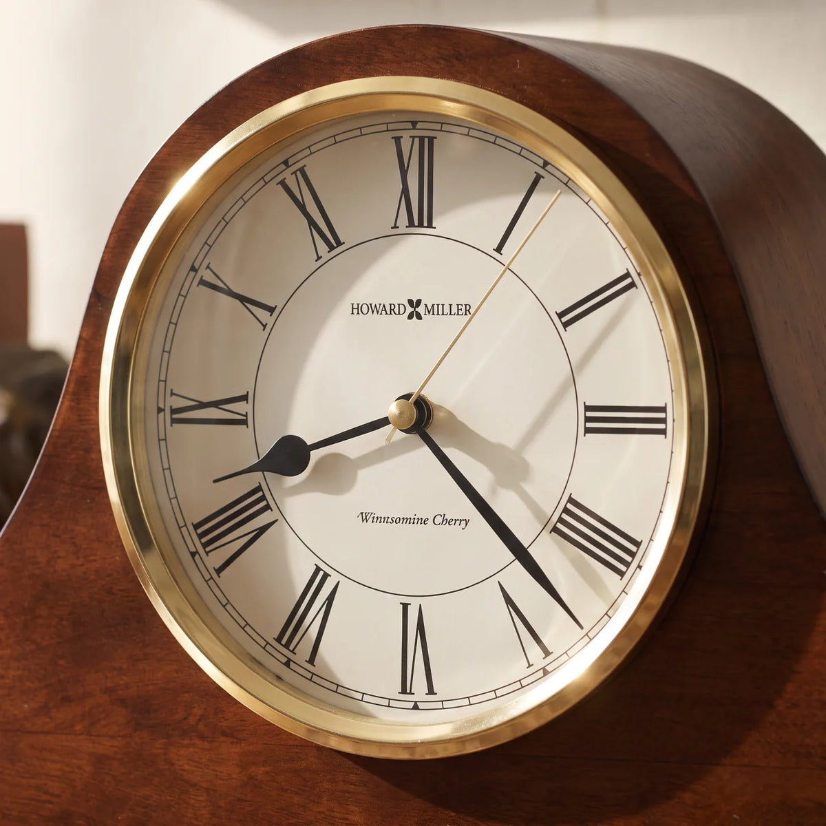 Howard Miller Christopher Mantel Clock, close-up of the dial and finish detail