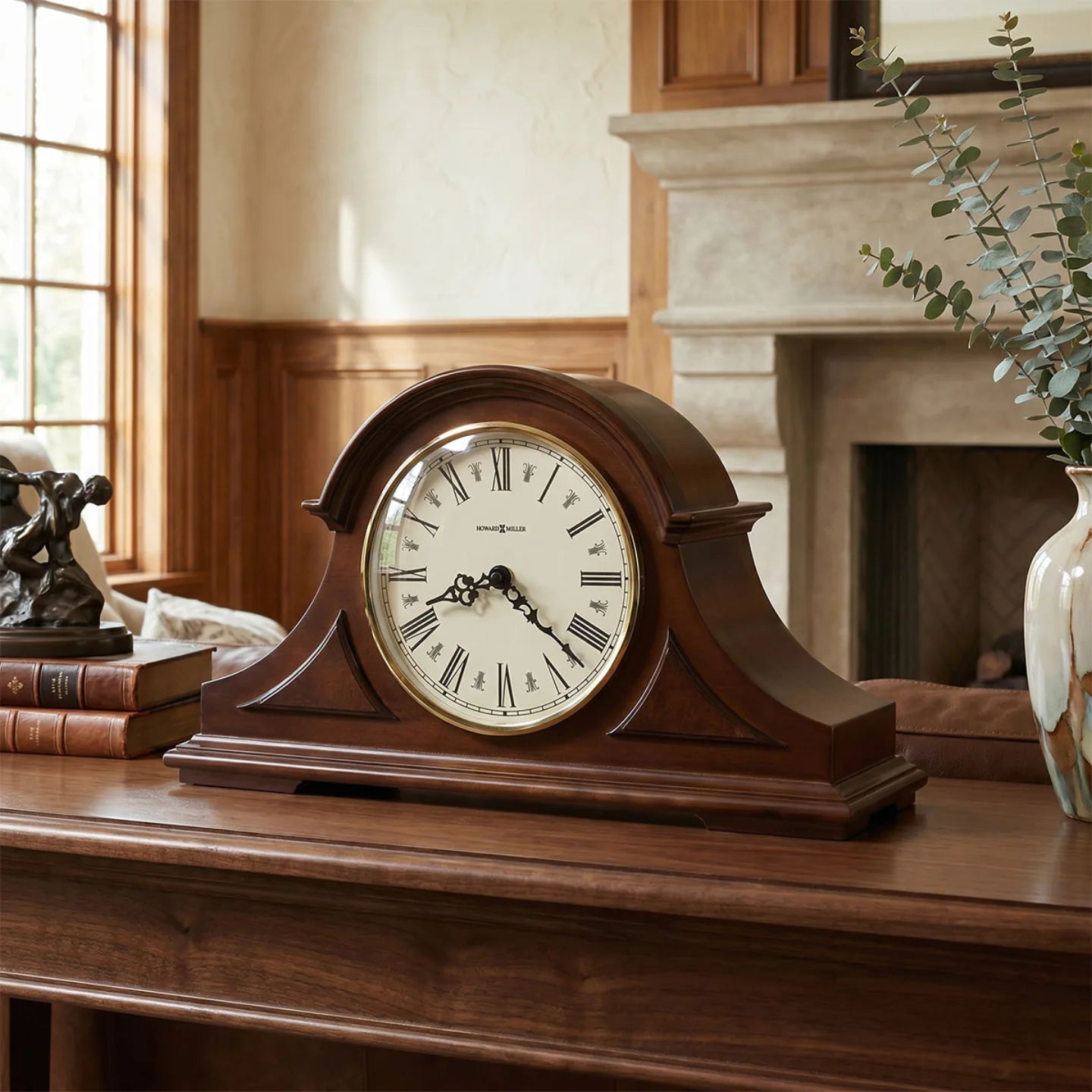 Howard Miller Burton II Mantel Clock, 17-inch, on a mantel in a styled room