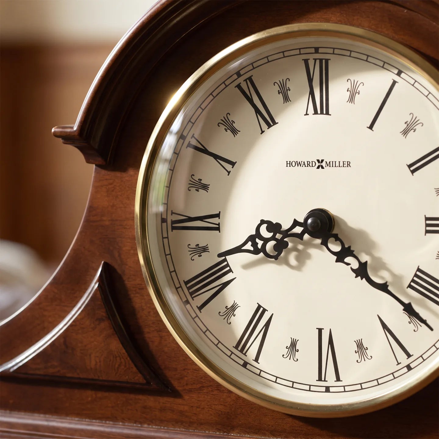 Howard Miller Burton II Mantel Clock, close-up of the dial and finish detail
