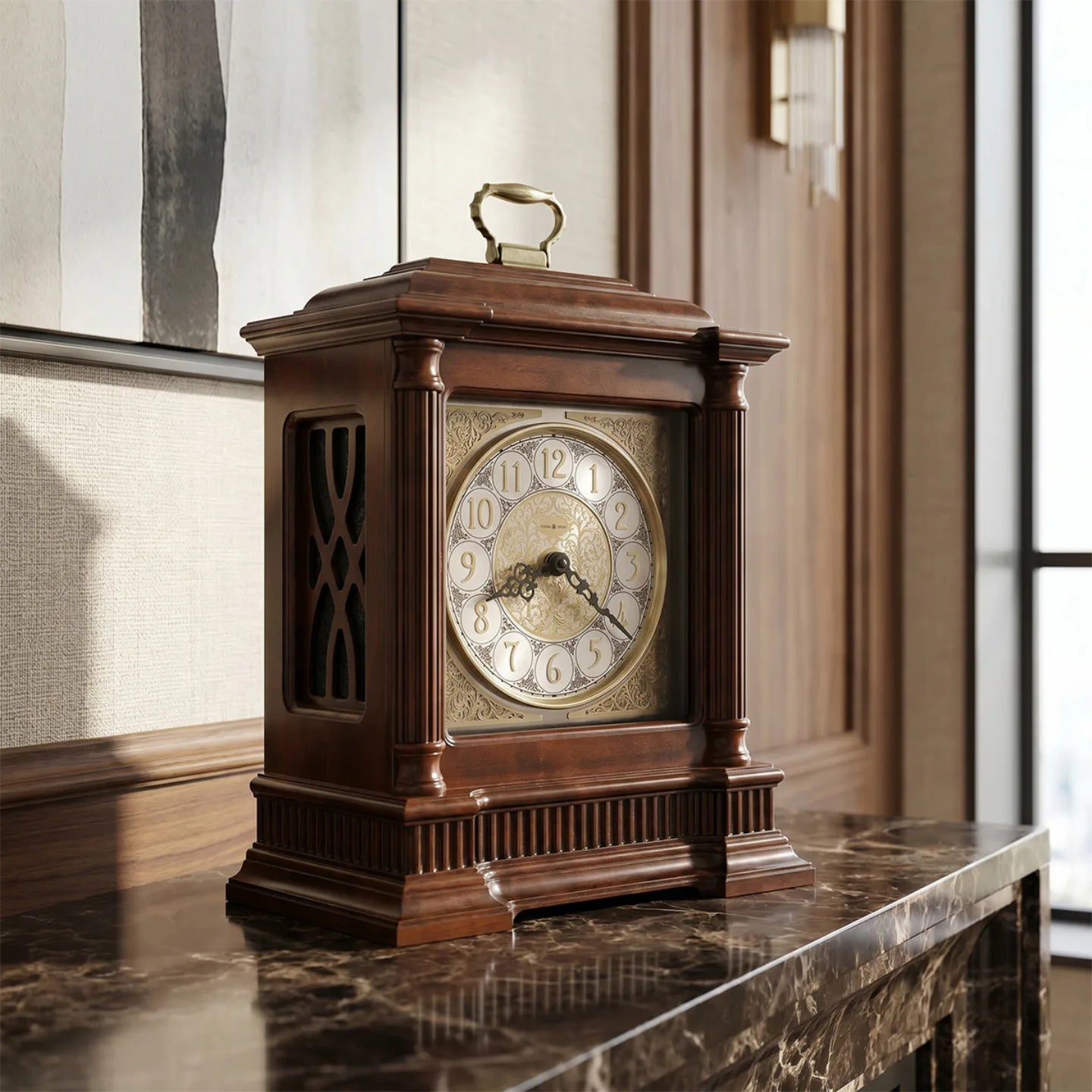 Howard Miller Akron Mantel Clock, 16-inch, on a mantel in a styled room