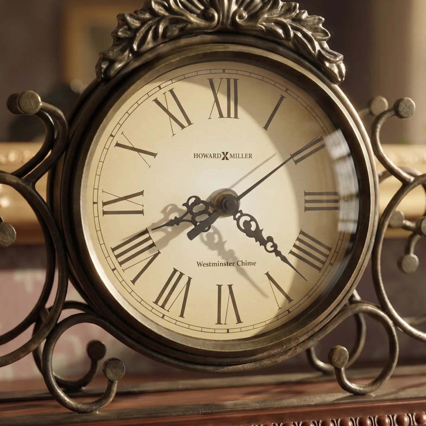 Howard Miller Adelaide Mantel Clock, close-up of the dial and finish detail