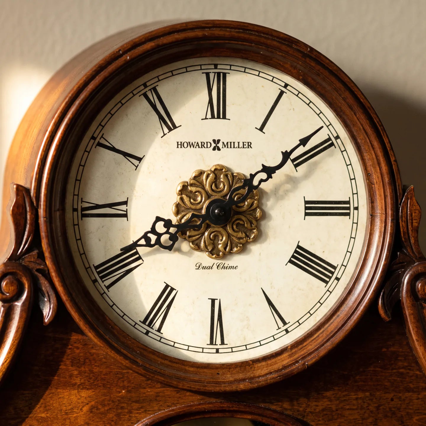 Howard Miller Andrea Mantel Clock, close-up of the dial and finish detail