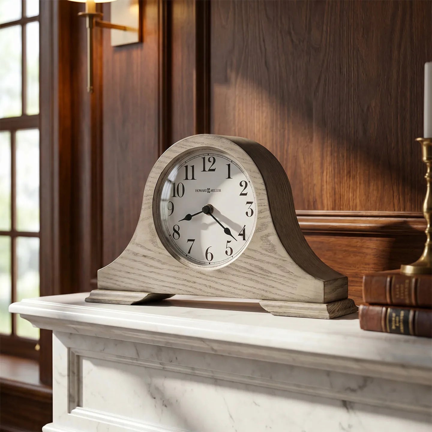 Howard Miller Emma Mantel Clock, 14-inch, on a mantel in a styled room