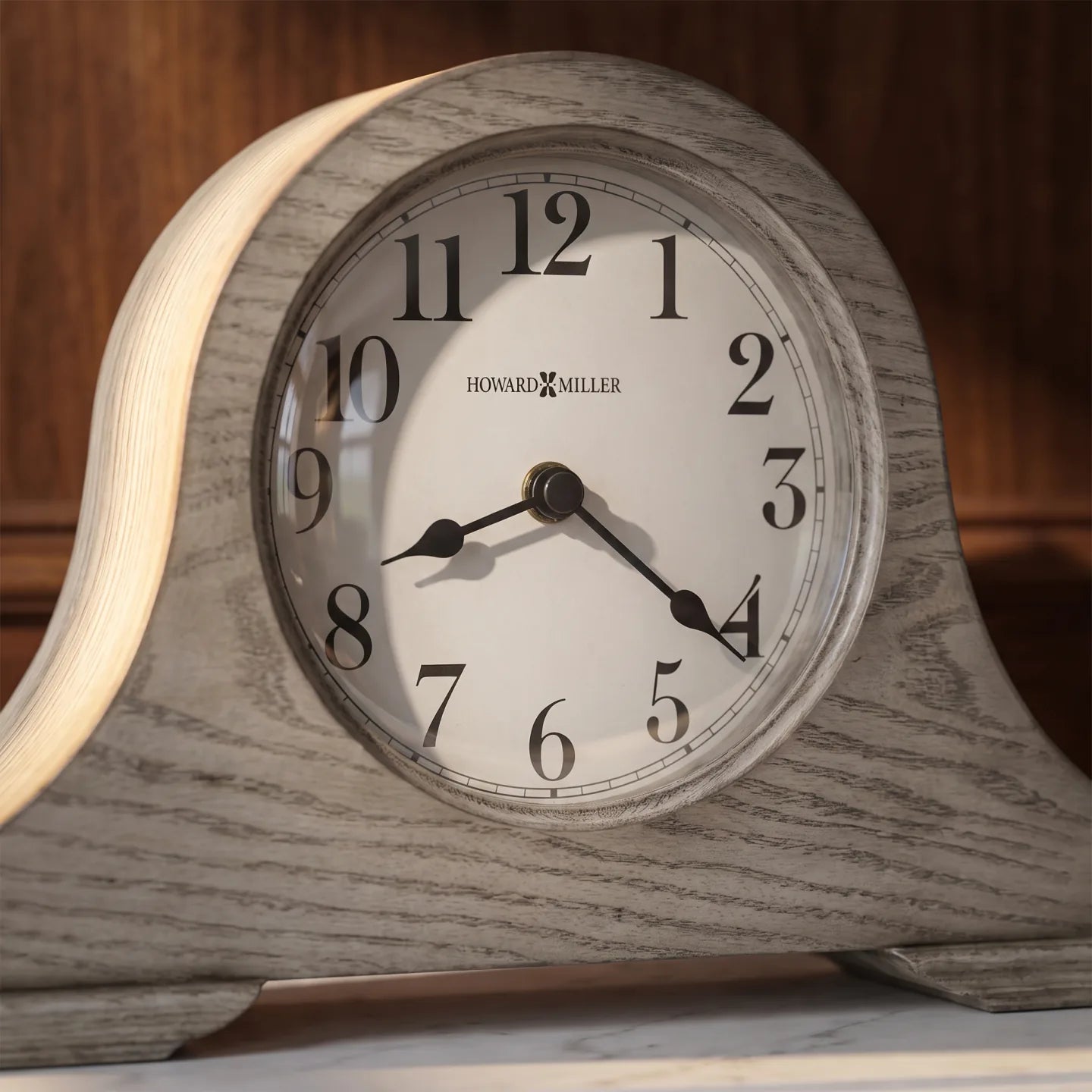 Howard Miller Emma Mantel Clock, close-up of the dial and finish detail