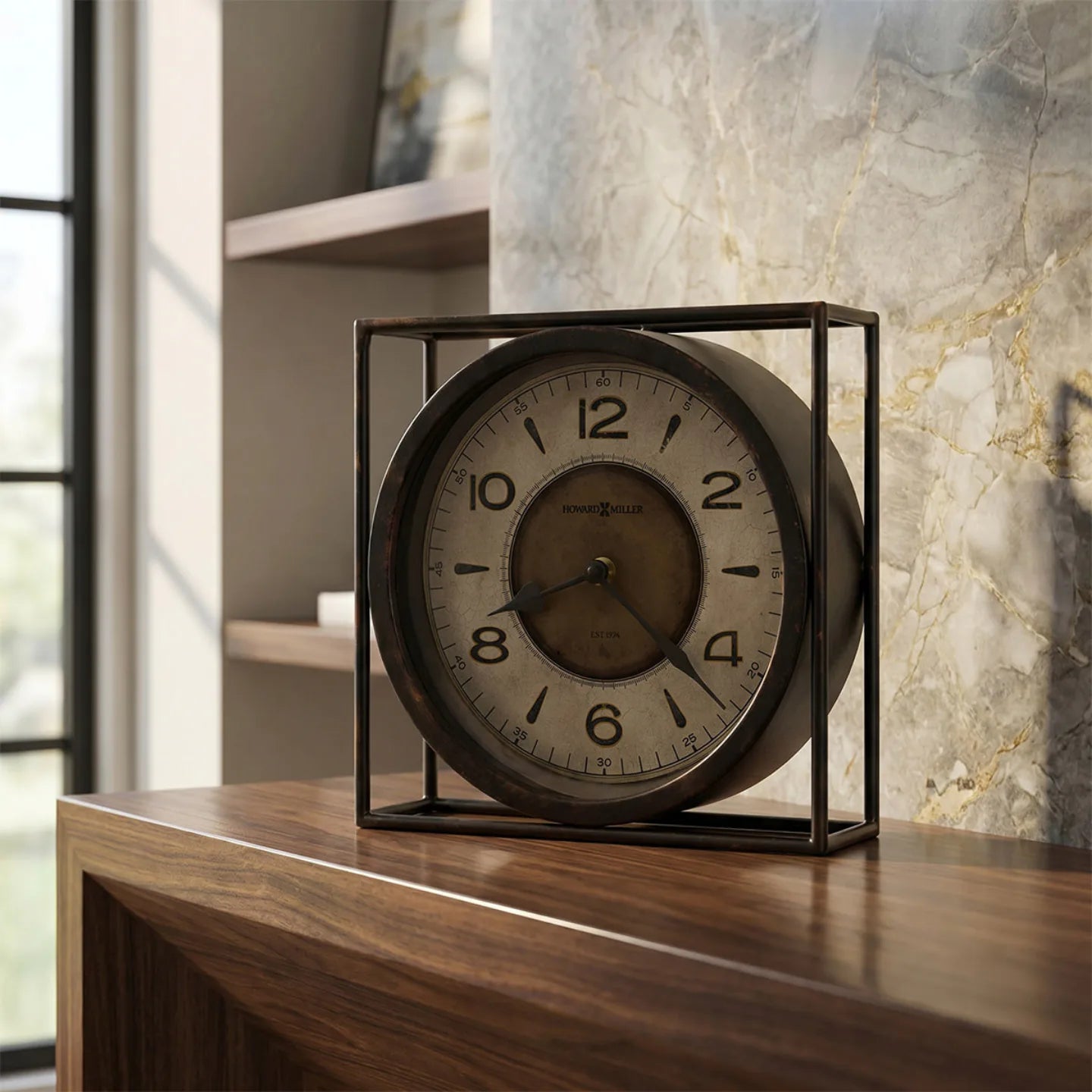 Howard Miller Kayden Mantel Clock, 10-inch, on a mantel in a styled room