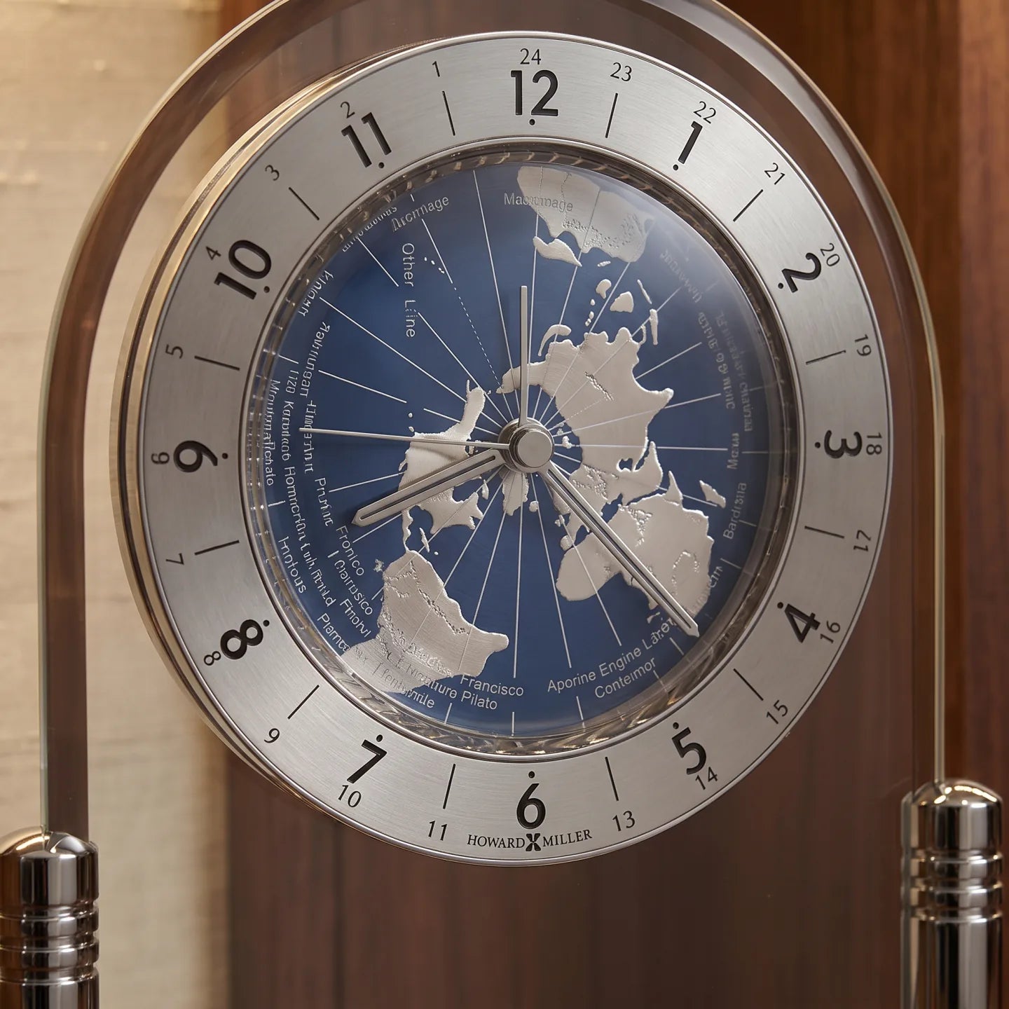 Howard Miller Discoverer Tabletop Clock, close-up of the dial and finish detail