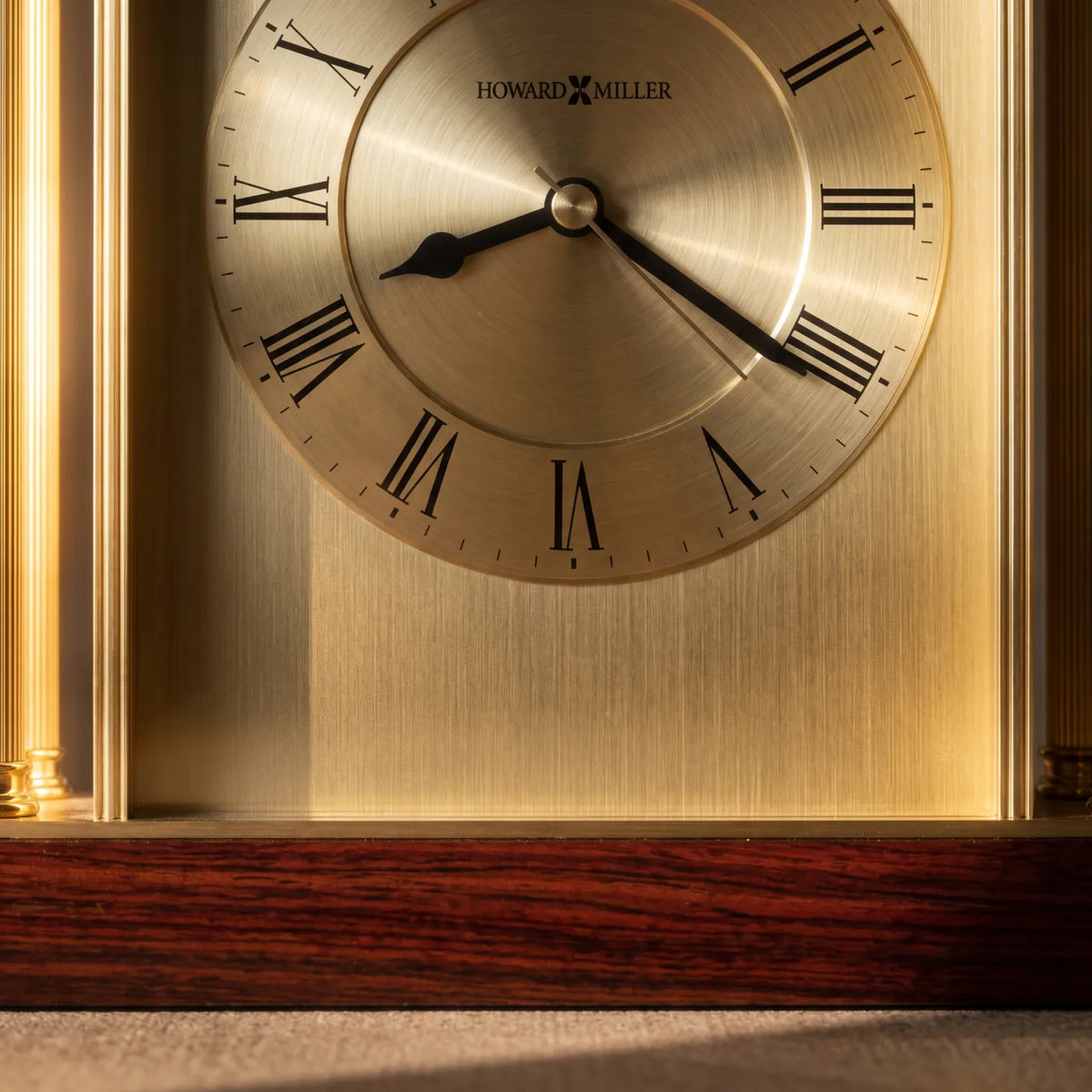 Howard Miller Carlton Tabletop Clock, close-up of the dial and finish detail