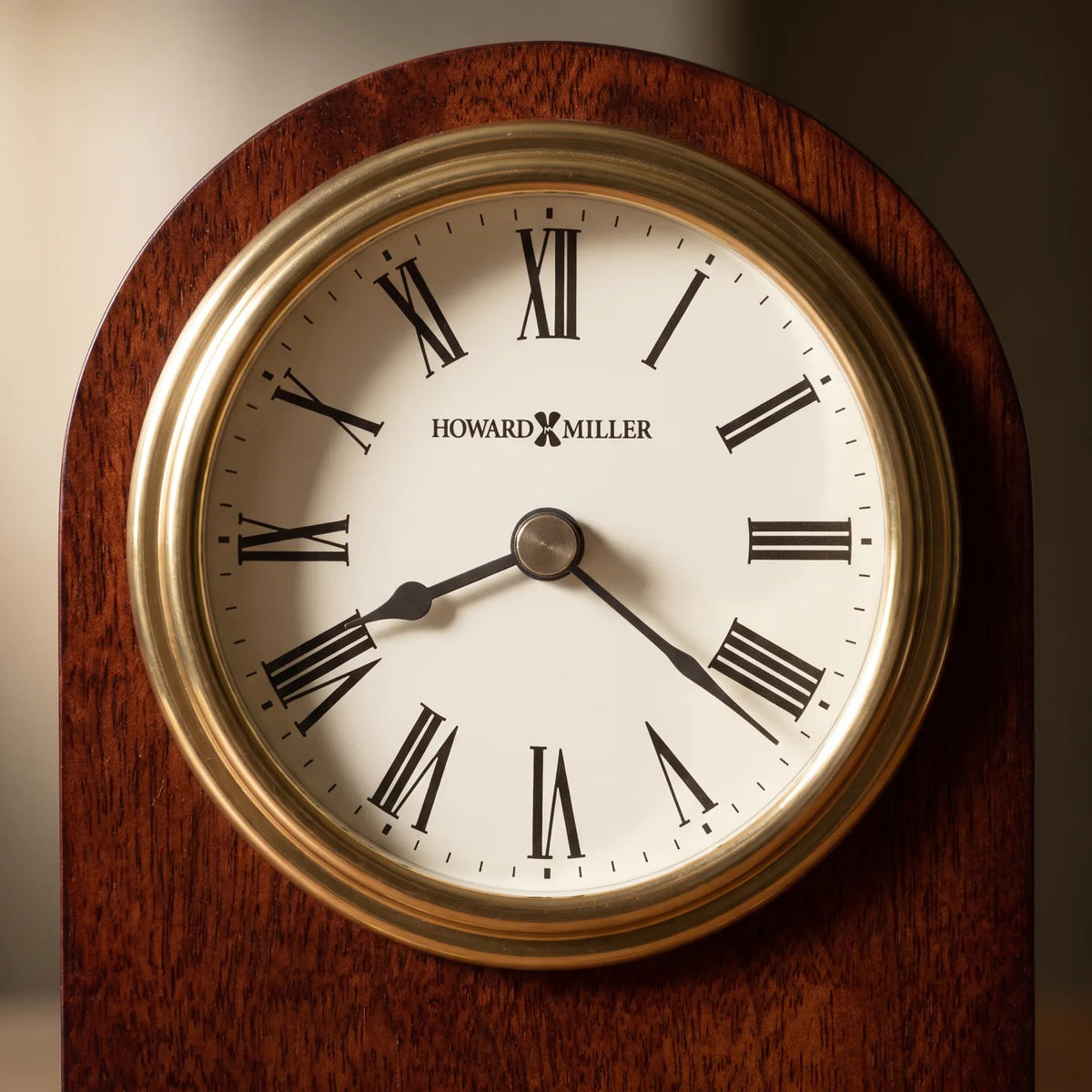 Howard Miller Craven Tabletop Clock, close-up of the dial and finish detail
