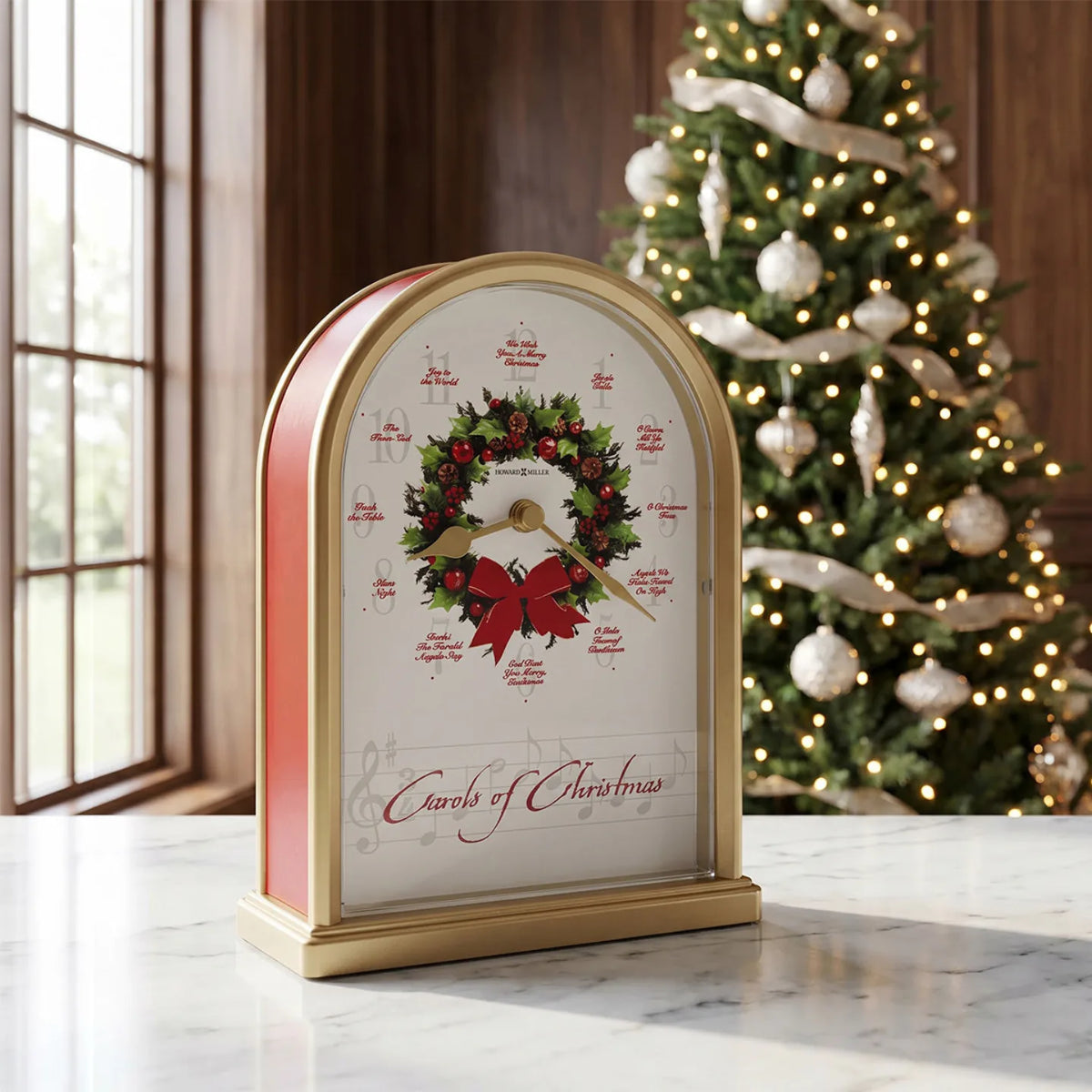 Howard Miller Carols Of Christmas II Tabletop Clock, 8-inch, on a shelf in a styled room