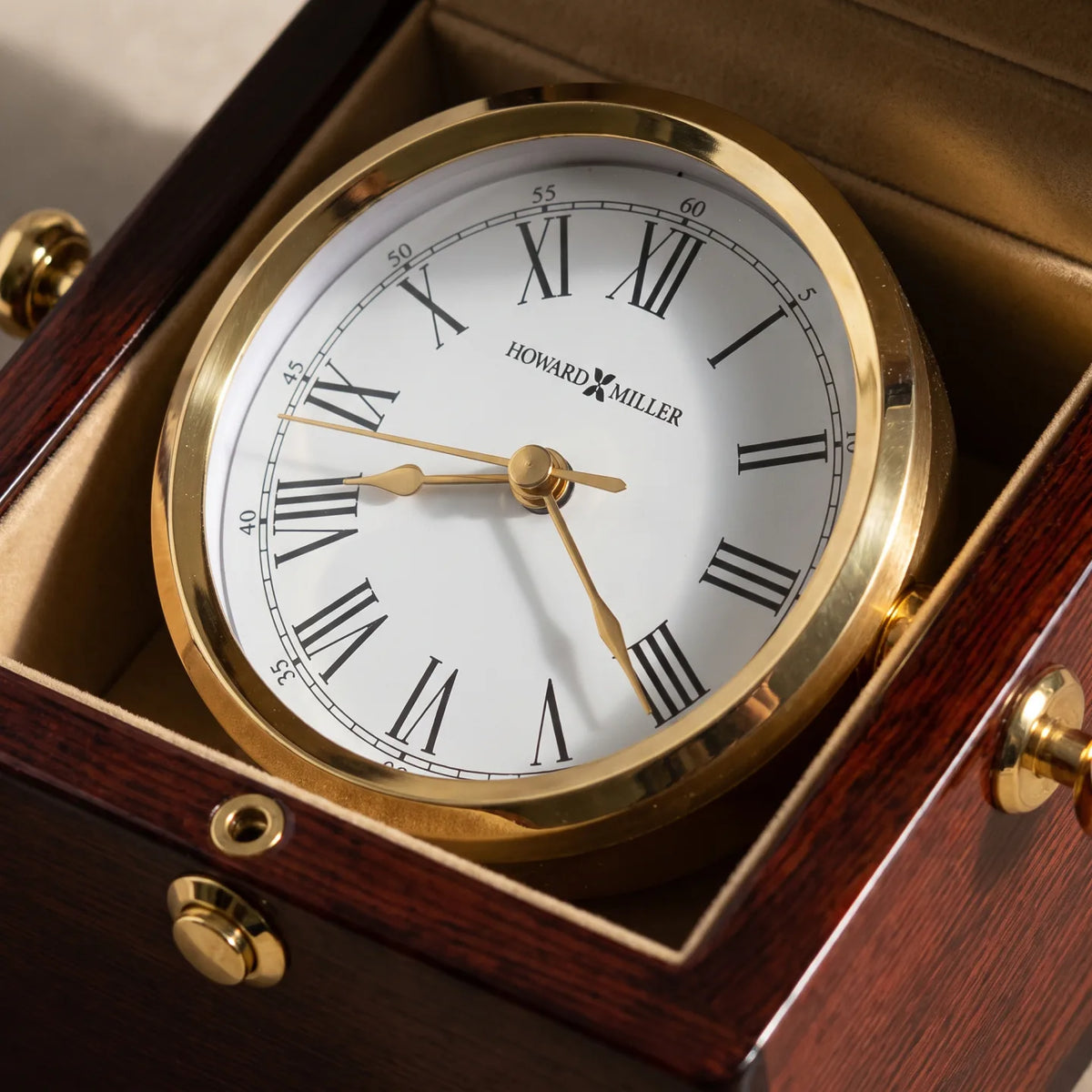 Howard Miller Bailey Tabletop Clock, close-up of the dial and finish detail