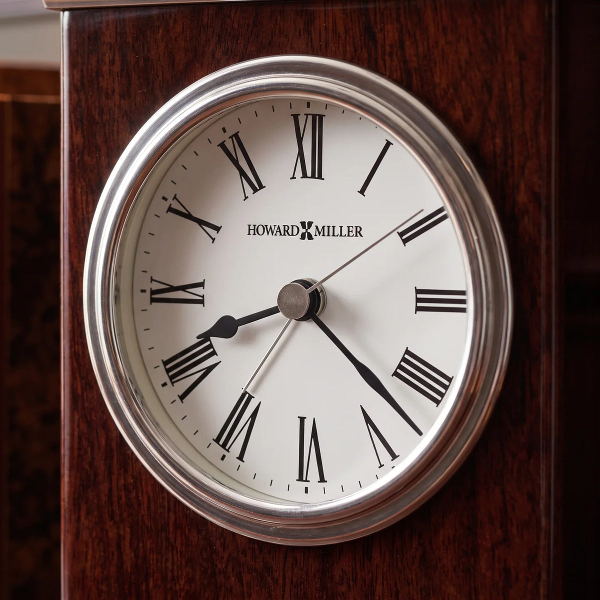 Howard Miller Kentwood Tabletop Clock, close-up of the dial and finish detail
