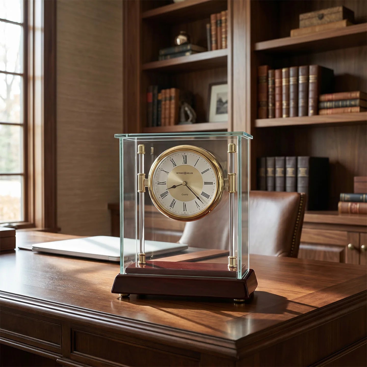 Howard Miller Kensington Tabletop Clock, 8-inch, on a shelf in a styled room
