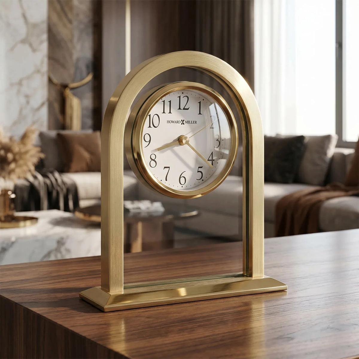 Howard Miller Imperial Tabletop Clock, 8-inch, on a shelf in a styled room