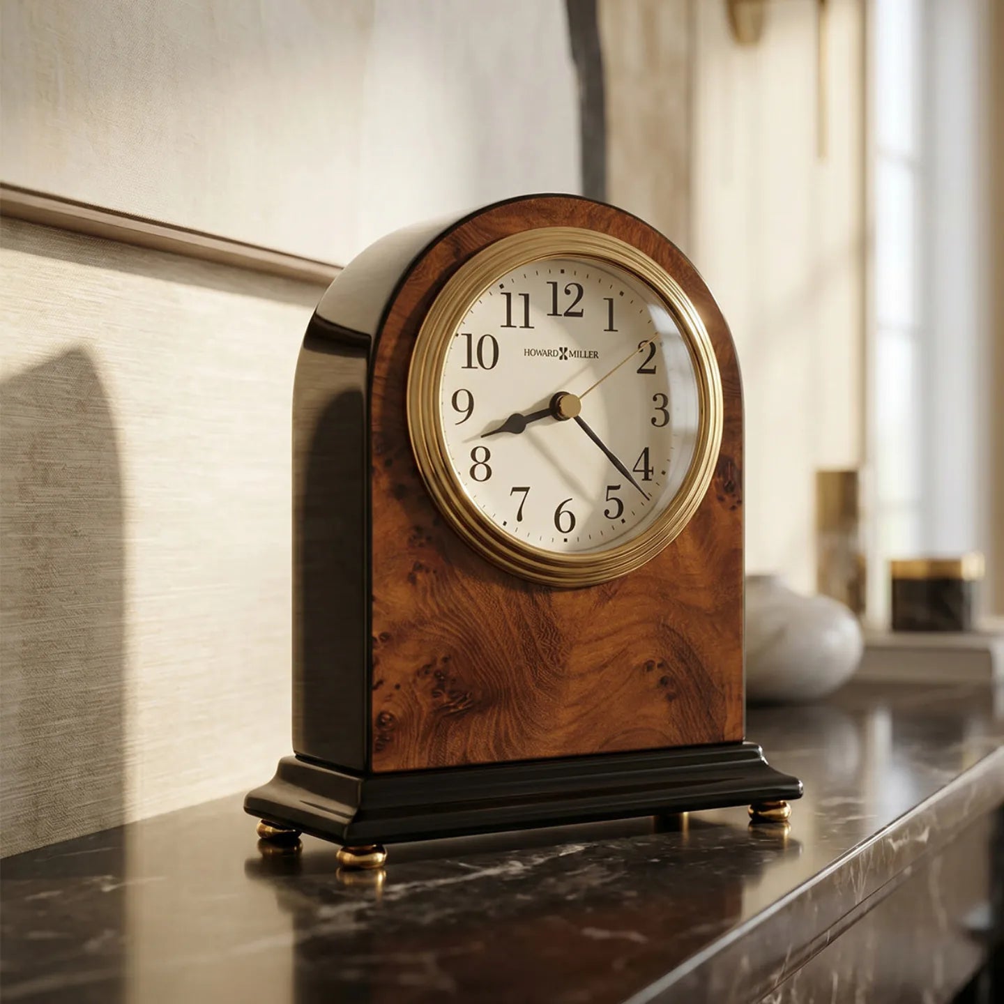 Howard Miller Bedford Tabletop Clock, 6-inch, on a shelf in a styled room