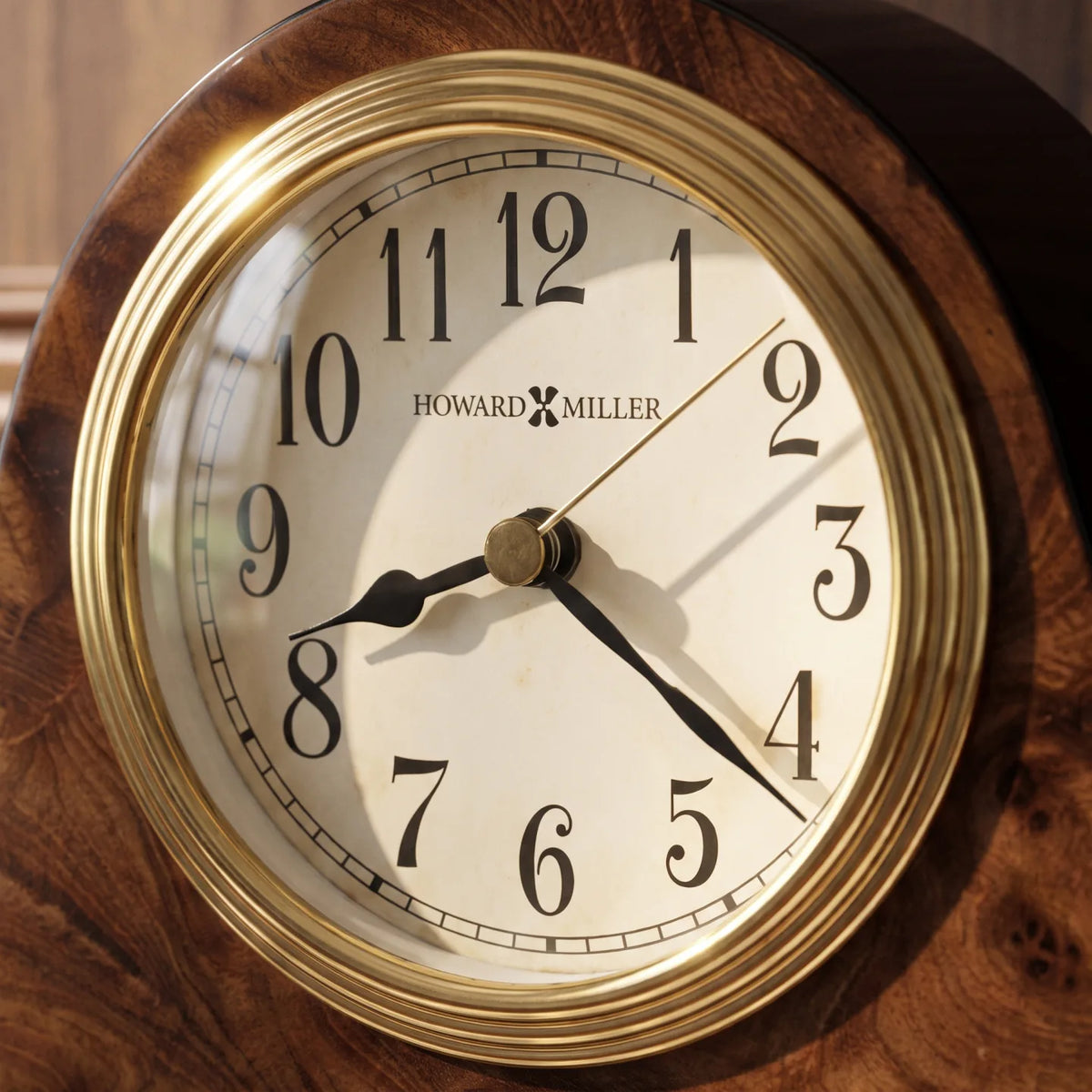 Howard Miller Baxter Tabletop Clock, close-up of the dial and finish detail