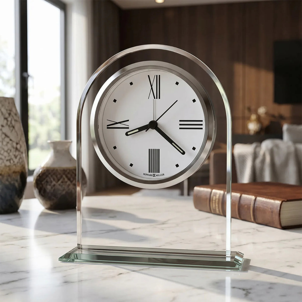 Howard Miller Regent Tabletop Clock, 6-inch, on a shelf in a styled room