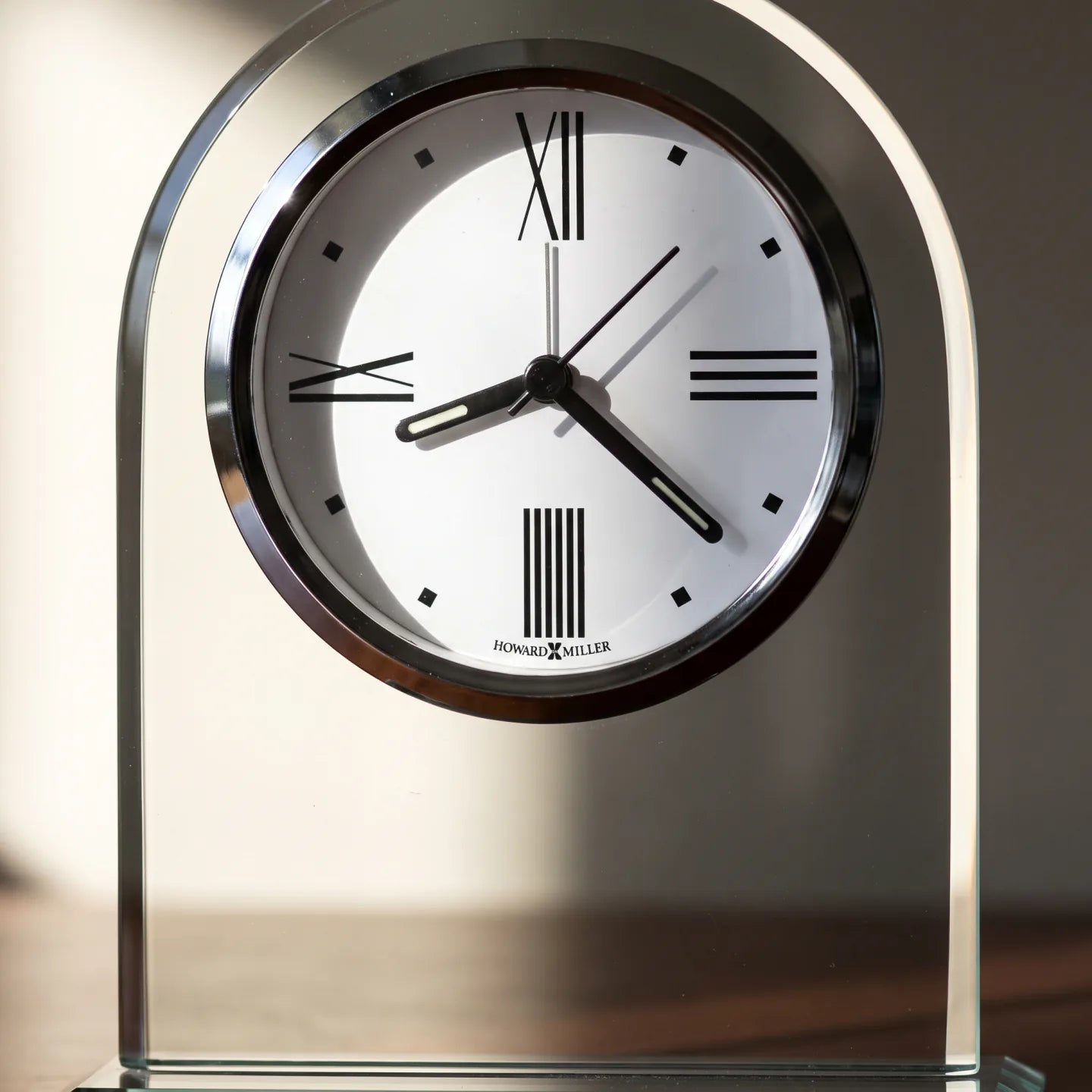 Howard Miller Regent Tabletop Clock, close-up of the dial and finish detail