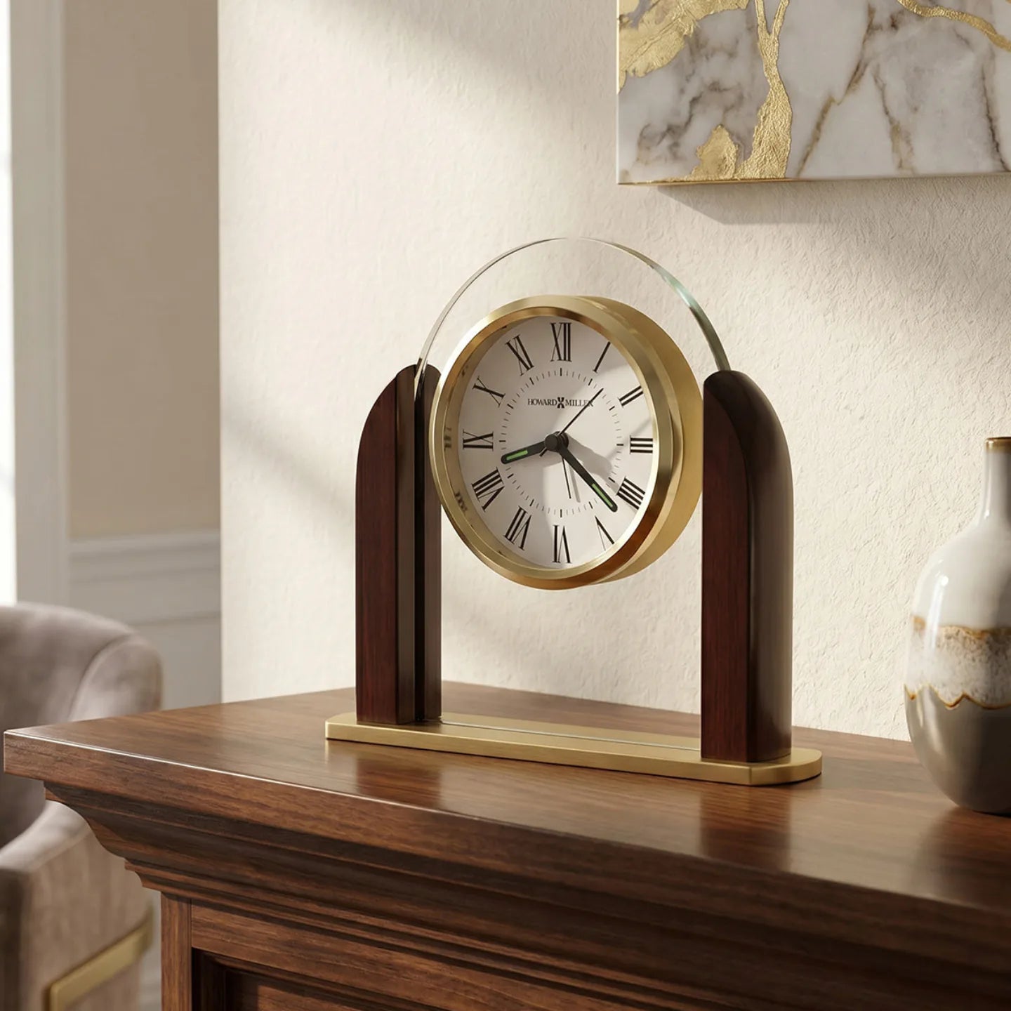Howard Miller Derrick Tabletop Clock, 6-inch, on a shelf in a styled room