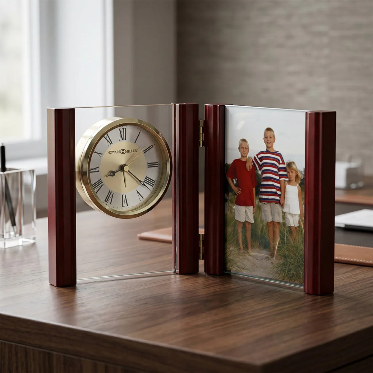 Howard Miller Alex Tabletop Clock, 6-inch, on a shelf in a styled room