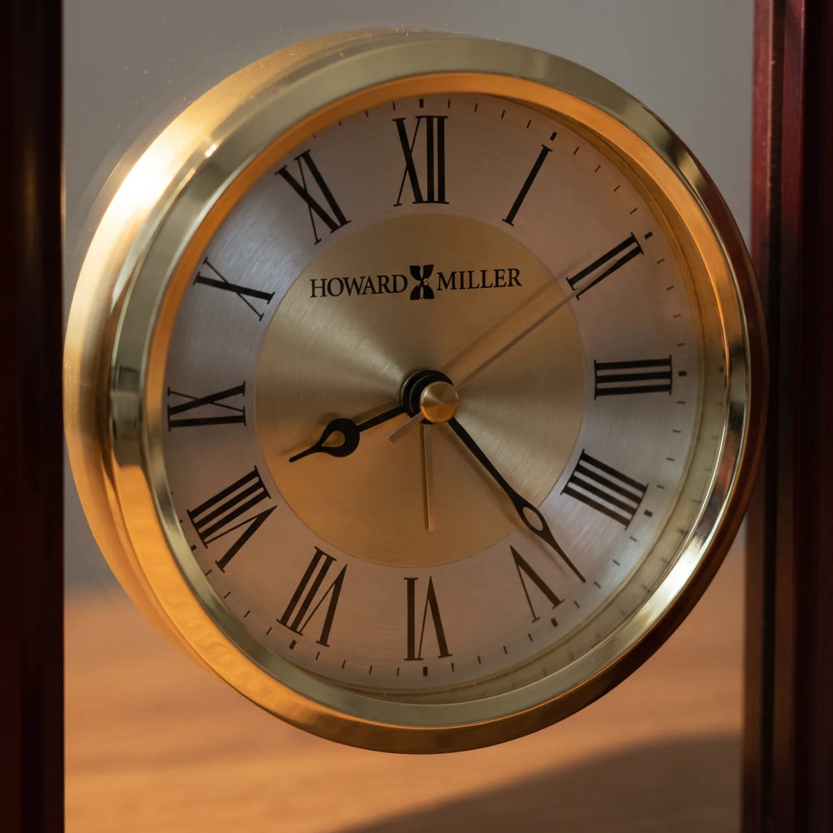 Howard Miller Alex Tabletop Clock, close-up of the dial and finish detail