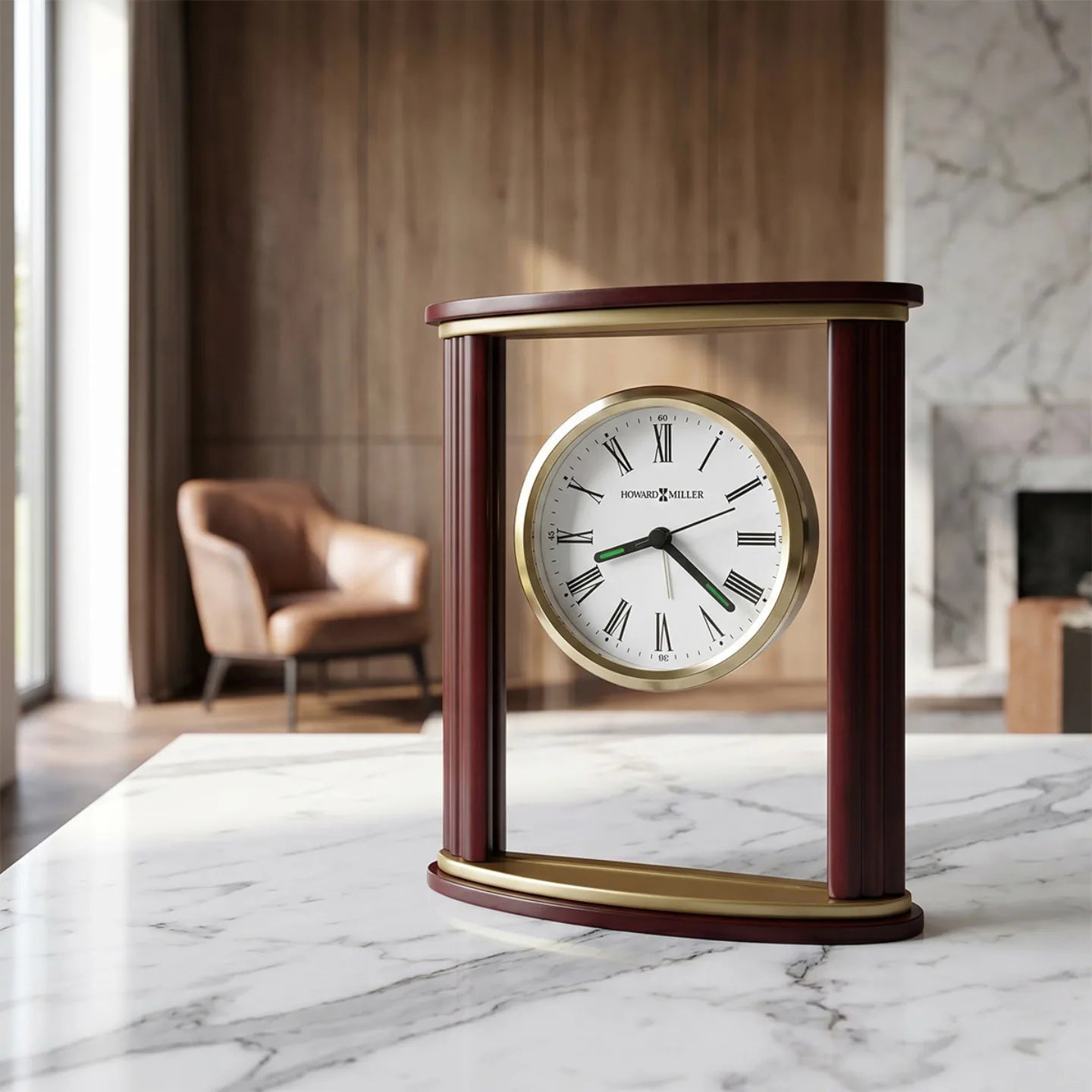Howard Miller Victor Tabletop Clock, 7-inch, on a shelf in a styled room