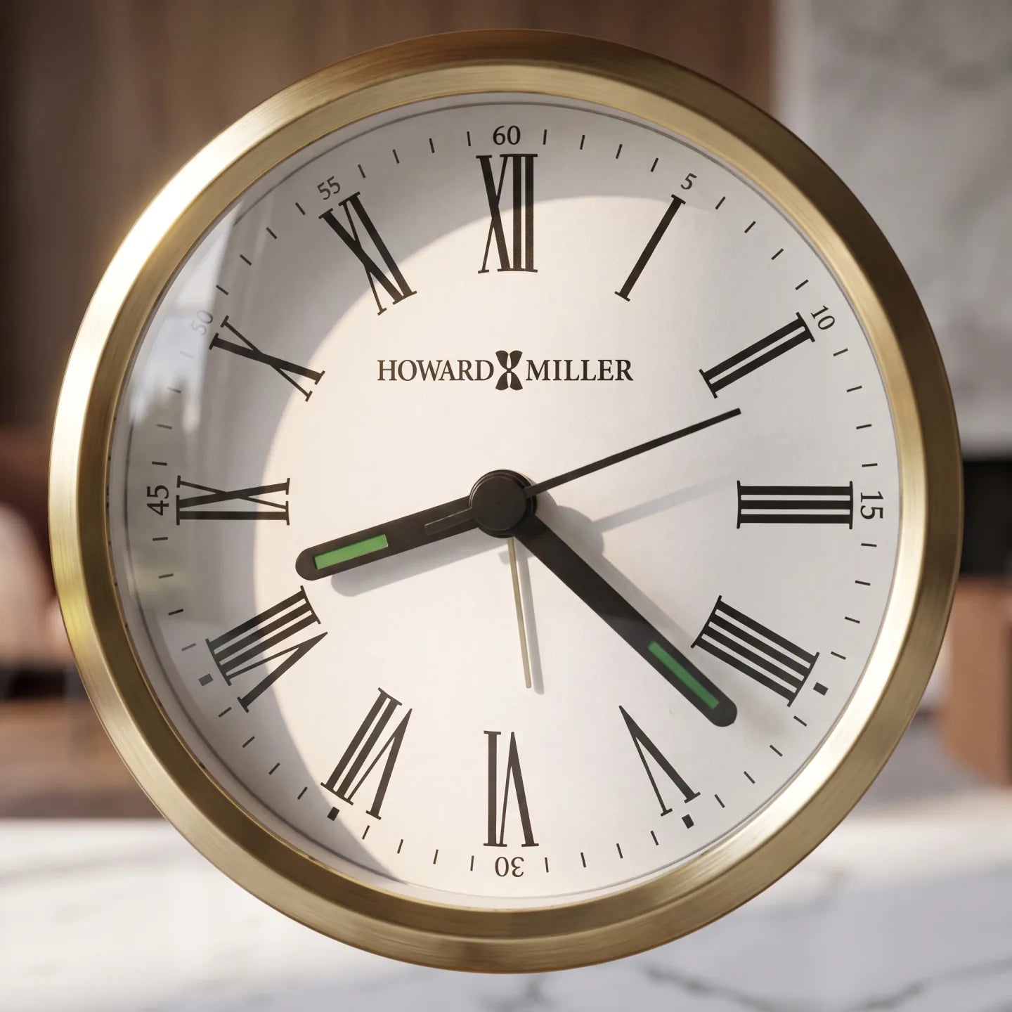 Howard Miller Victor Tabletop Clock, close-up of the dial and finish detail