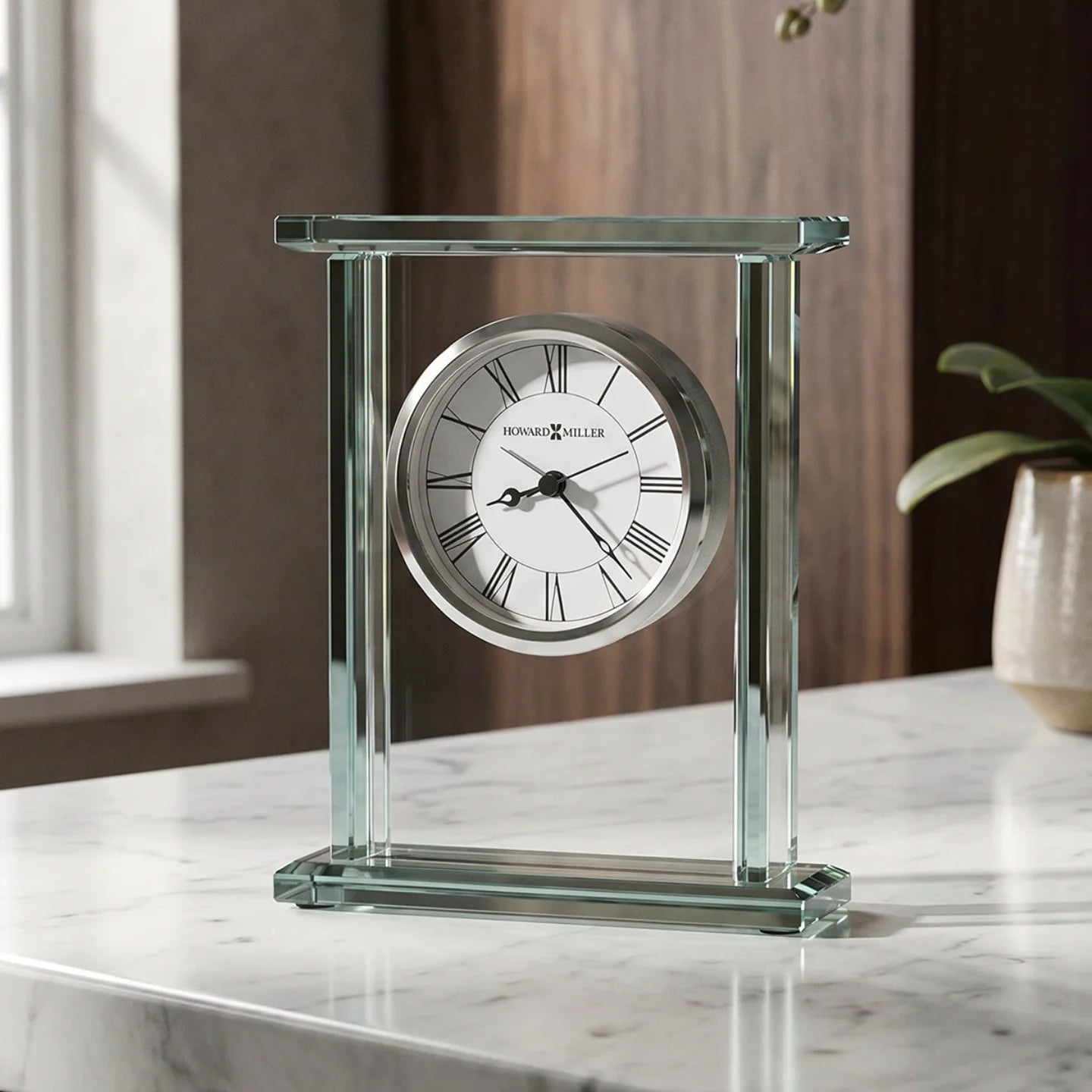 Howard Miller Cooper Tabletop Clock, 7-inch, on a shelf in a styled room