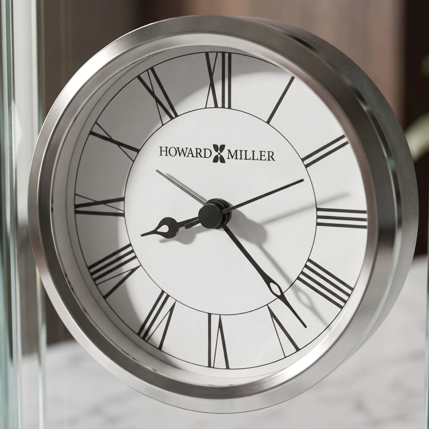 Howard Miller Cooper Tabletop Clock, close-up of the dial and finish detail