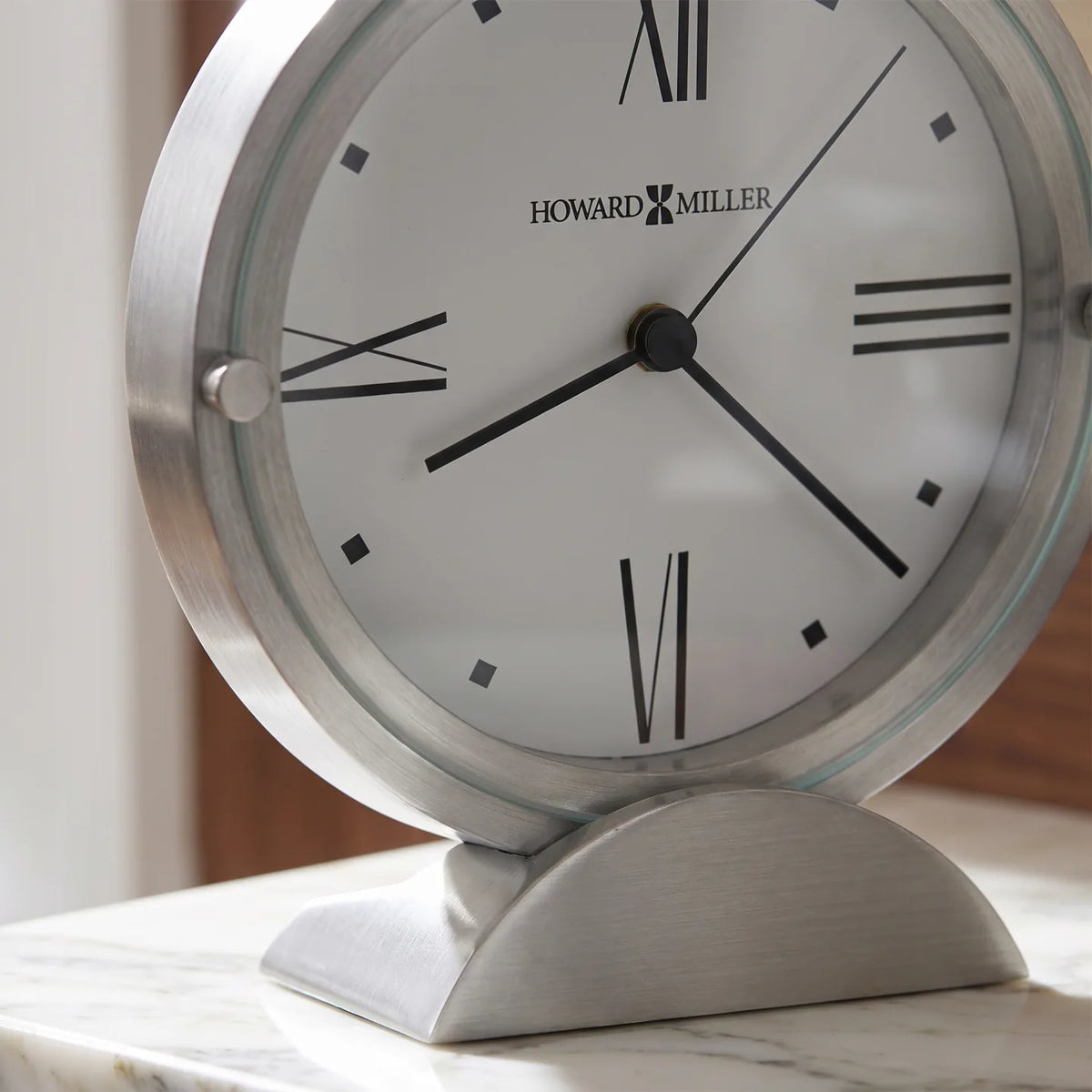 Howard Miller Simon II Tabletop Clock, close-up of the dial and finish detail